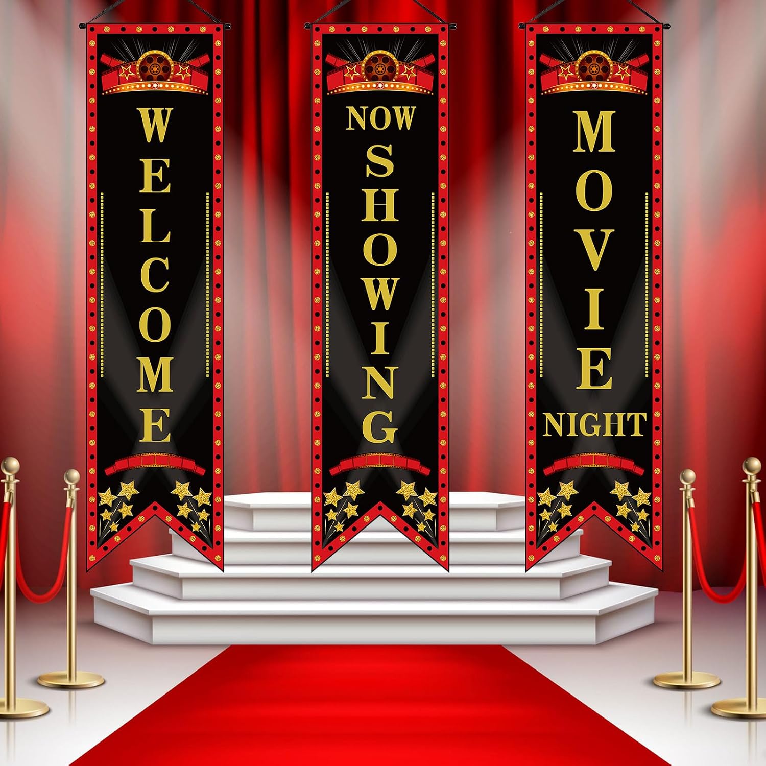 Tegeme 6 Pcs Movie Night Porch Sign Banner Theater Welcome,Black,Classic image 3