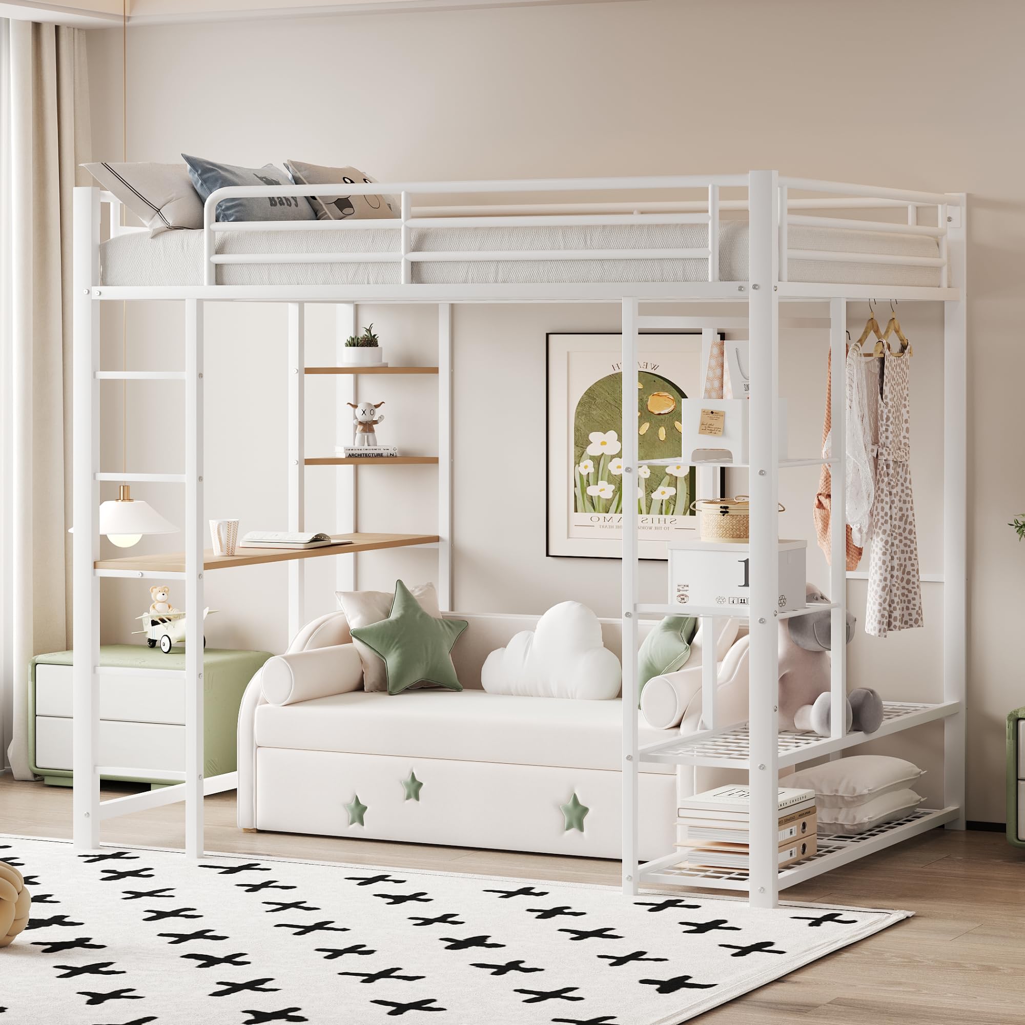 Dolamaní Letto a soppalco 90 x 200 cm, con scrivania e mensola, per ragazzi e adulti, capacità di carico 120 kg, letto in metallo con rete a doghe, stabile e aperto, bianco