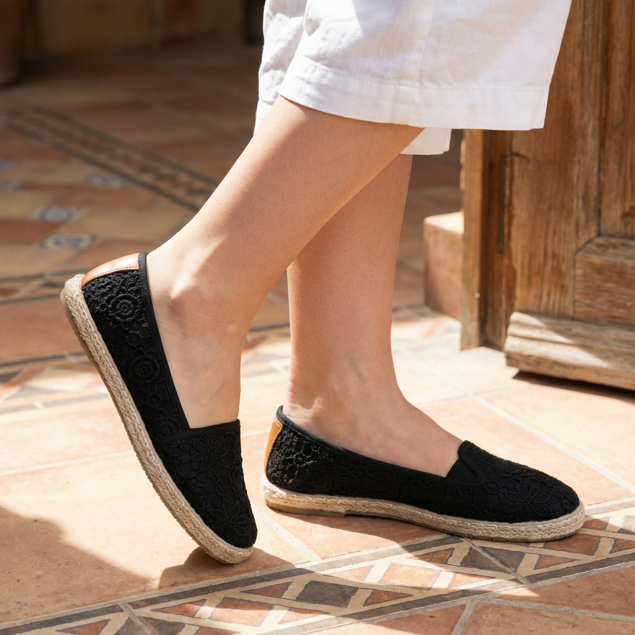 GLAMORA Espadrilles Femme Ballerines Dentelle Chaussures Plates Slip-on Respirantes Semelle Caoutchouc Souple Confort Léger Tissu Tricoté Brodé Fleur Antidérapantes