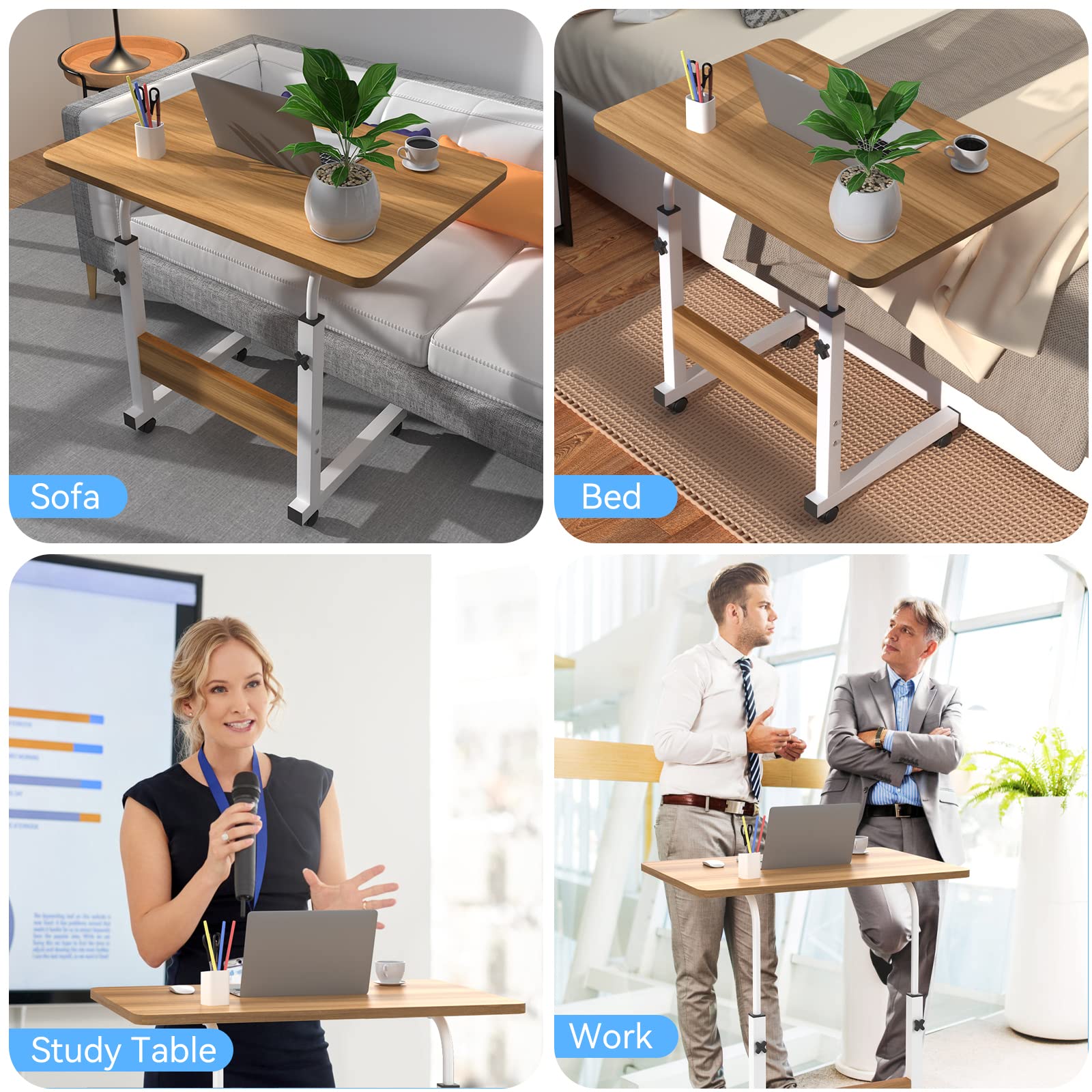 Tavolo Rotante per Divano Letto, 60x40cm Scrivania per Laptop, Tavolino da Laptop Scrivania Mobile Regolabile in Altezza 62-85cm per PC per Tablet Cellulare, Tavolino Portatile con Ruote, Legno