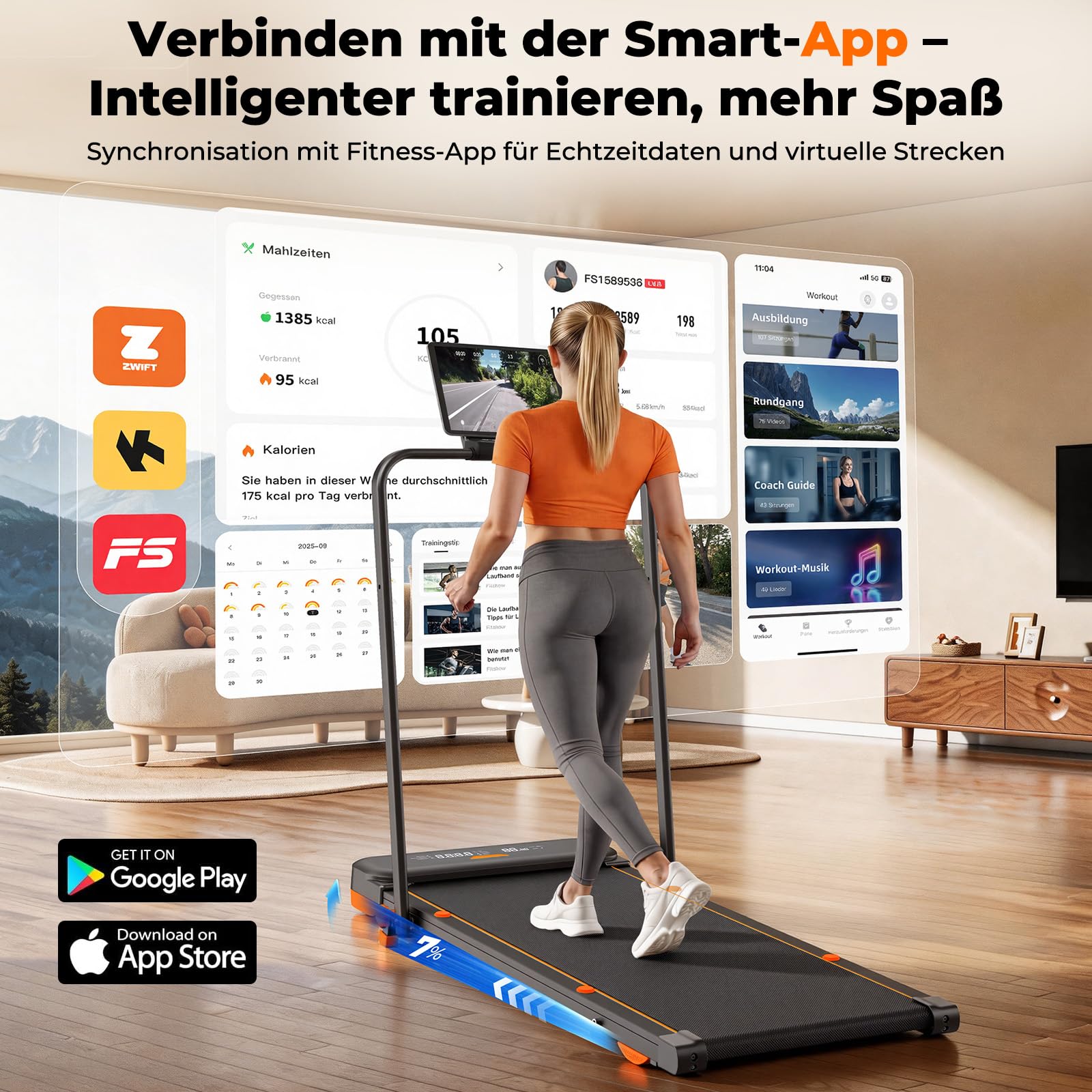 Laufband für Zuhause mit 5 Reha & 5 Vibrationsstufen, 6 in 1 Klappbares Walking Pad, 7% Steigung, 2,5 PS Motor (<40 dB), 1-10km/h Laufband Schreibtisch, Smart App, Fernbedienung, Schwarz