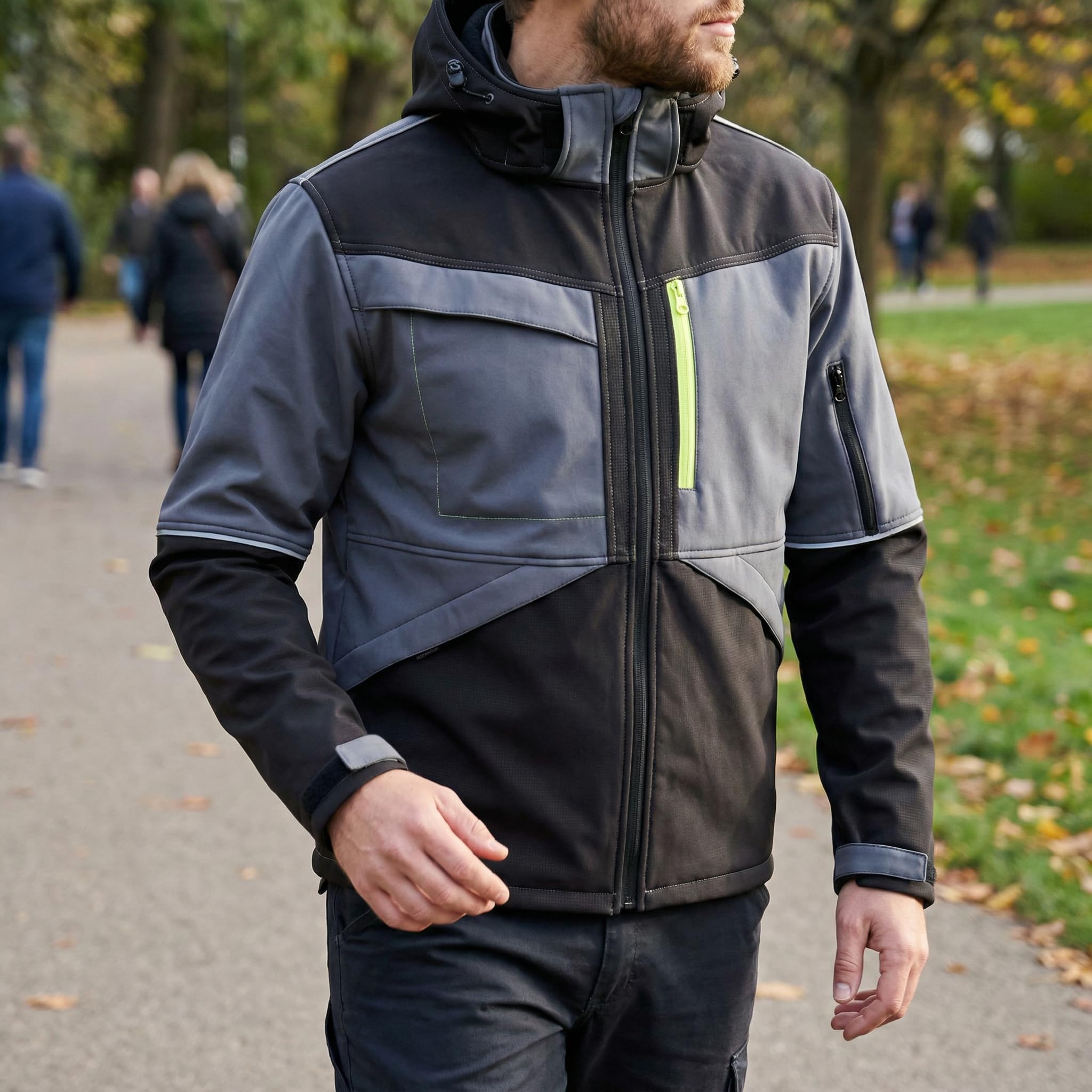Stenso Prisma Veste de Travail Homme Softshell Étanche avec Capuche Amovible - Veste Randonnée Homme Stretch avec Poche Poitrine Cachée, Poches Latérales Scratch, Fermeture Poignets