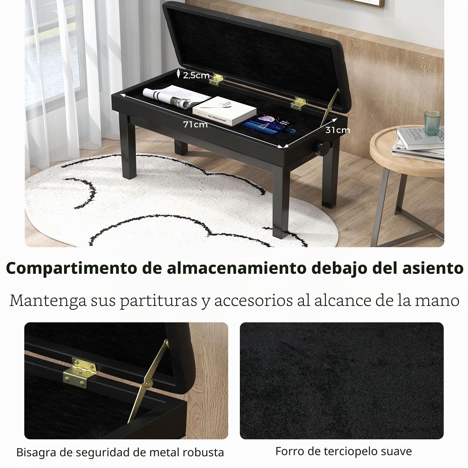 LIFEZEAL Taburete Doble para Piano, Banco de Piano de Altura Ajustable, Banqueta de Piano con Caja de Almacenamiento Oculto, Asiento de Piano de Piel sintética, Marco de Madera Maciza, Negro