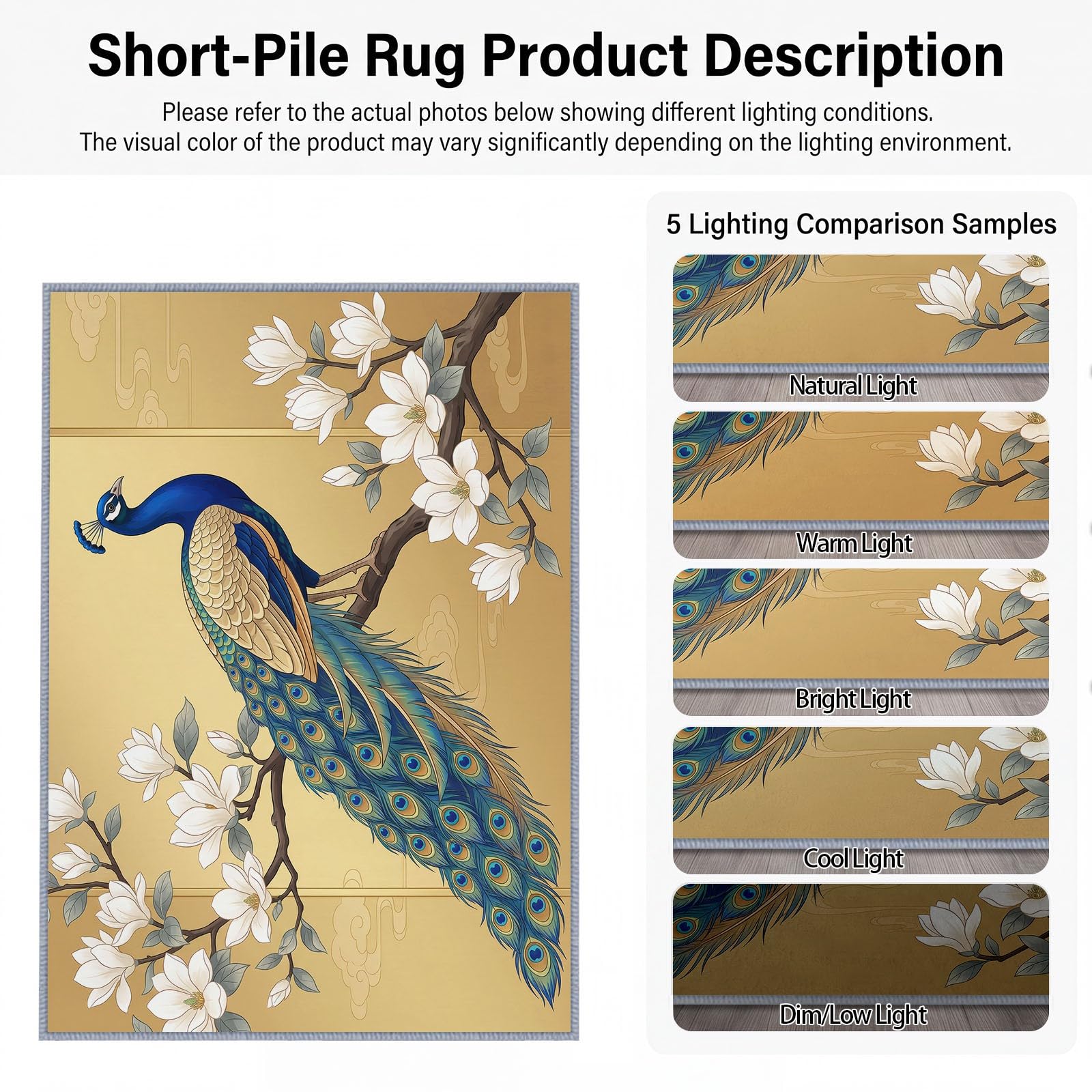 Tapis Salon 180x270cm Paon Style Chinois Lavable en Machine