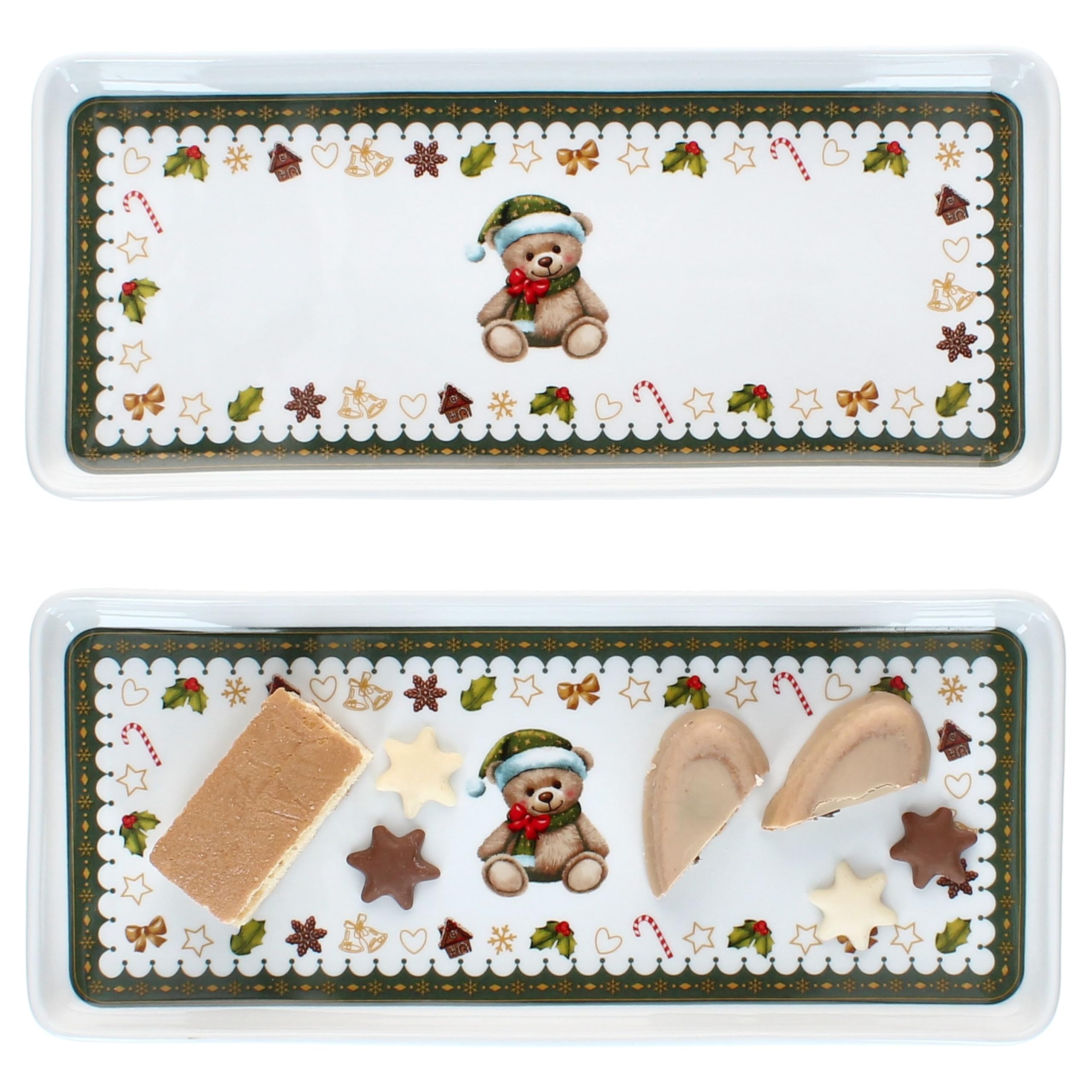 MamboCat Friend Zestaw 2 talerzy na ciasto prostokątne 35 x 15,5 cm | talerze bożonarodzeniowe z porcelany z misiem, domek z piernika itp. | na ciasteczka i wypieki