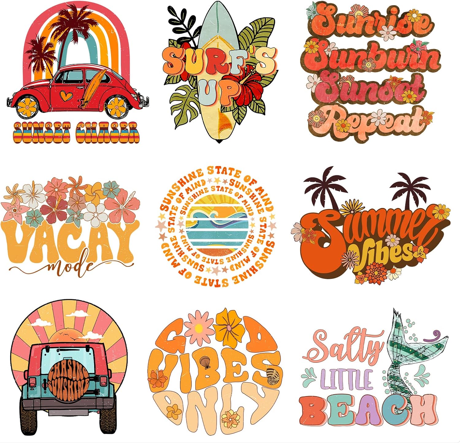 9Pcs Summer Vibes Beach Iron On Decals for Clothing Summer Vacation Iron On Patches DIY Heat Transfer Stickers for T-Shirt Jean Appliques