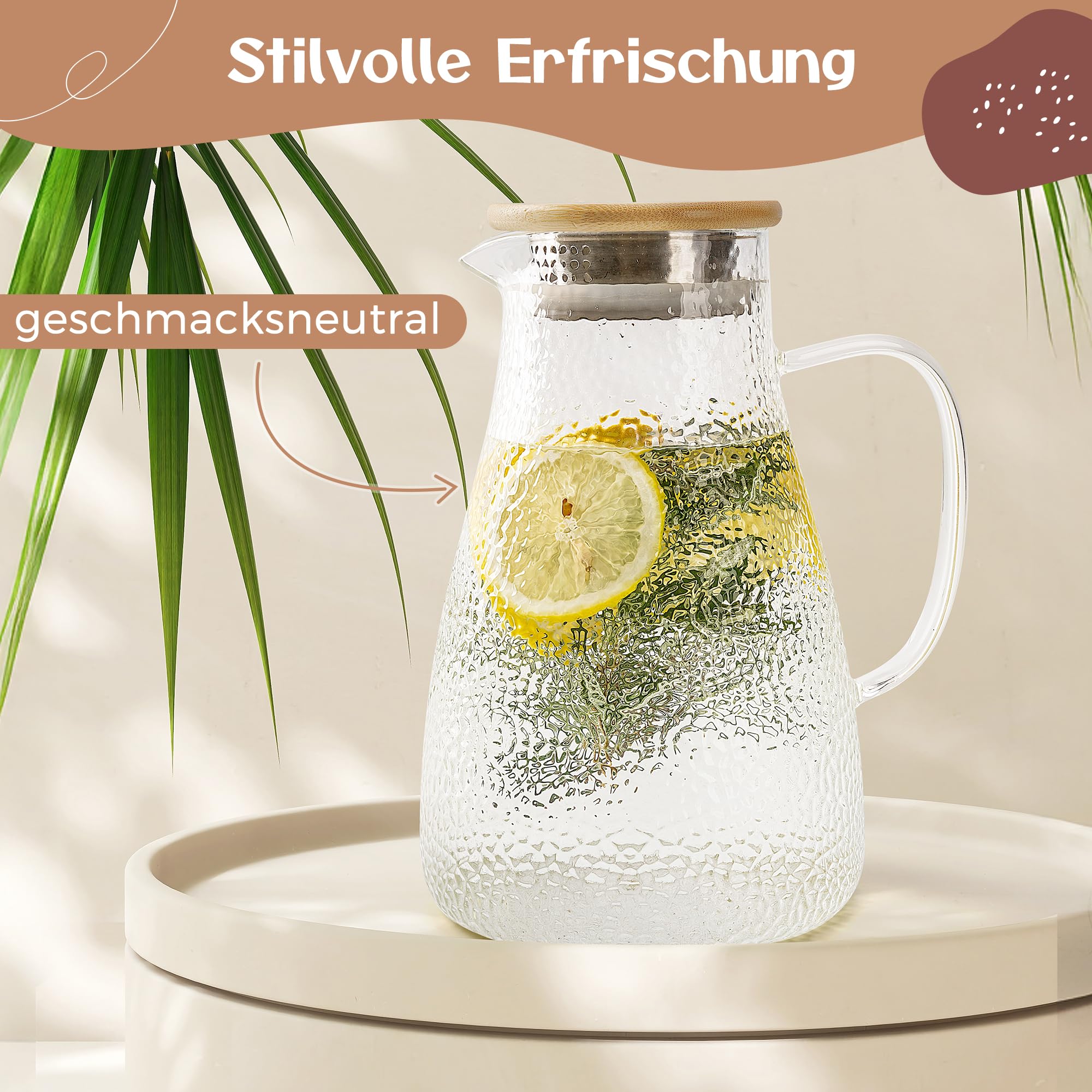 Caraffa in vetro con coperchio, 1,9 litri, in vetro rinforzato, caraffa in vetro per bevande calde e fredde, teiera, brocca per acqua con coperchio in bambù