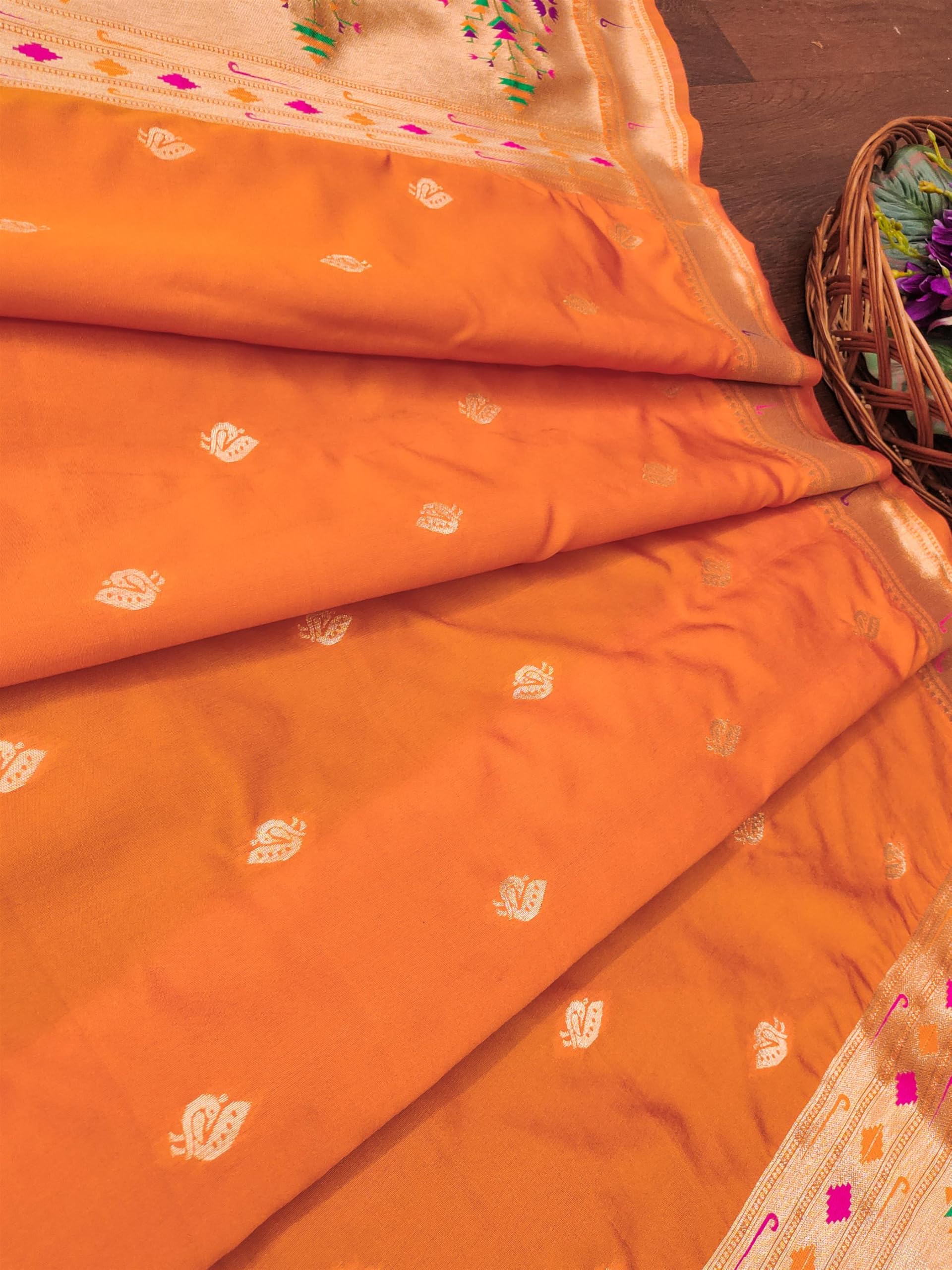 DEVANGI Women's Woven Paithani Banarasi Silk Dupatta/Chunni For Women, Floral Print 1 Meter Wide and 2.3 Meter Length Printed Designer Dupatta/Chunni For Girls(Orange) - Image 3 thumbnail