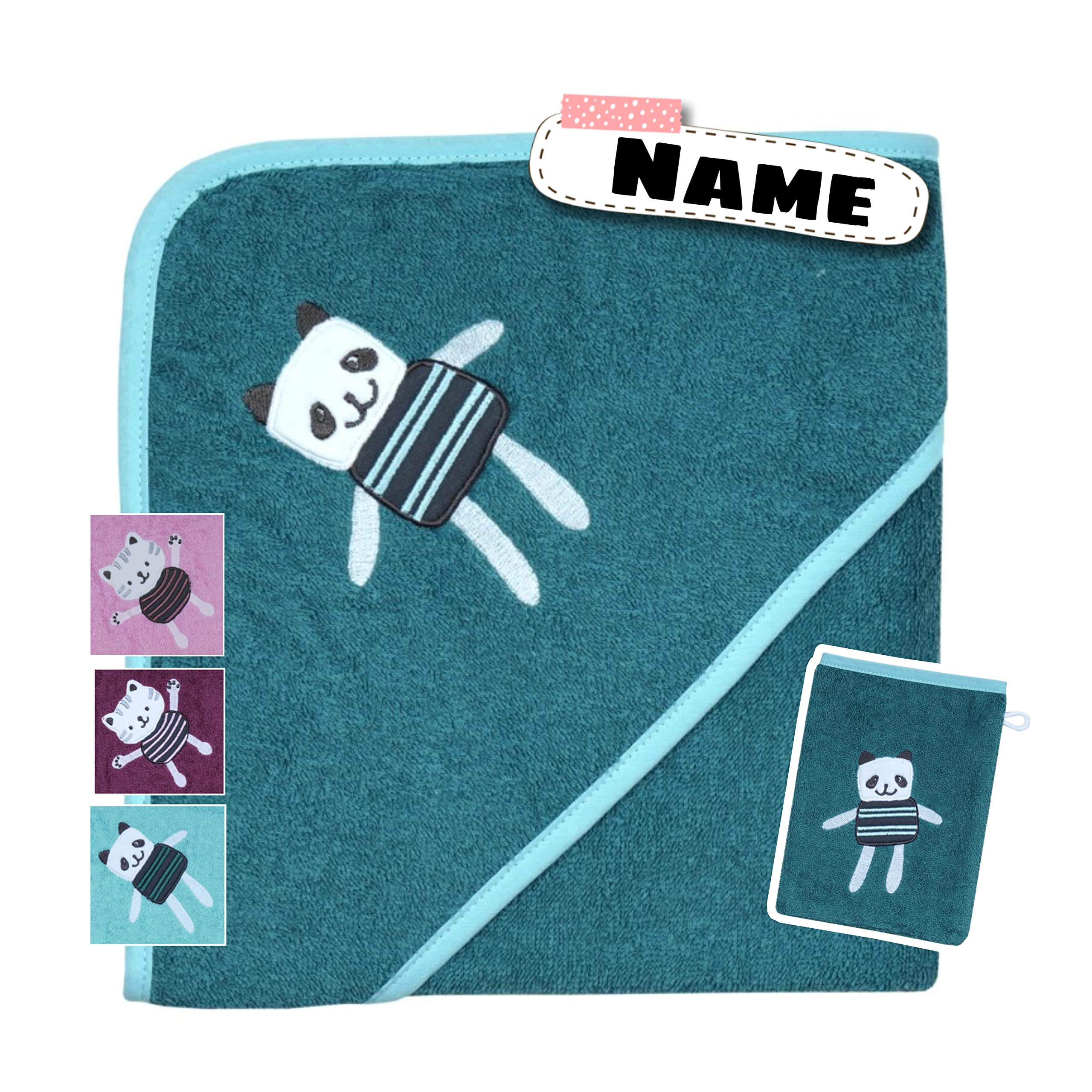 Kapuzenhandtuch personalisiert mit Waschlappen Set | Baby Badetuch 80 x 80 cm Kapuzenbadetuch Baby | Bestickt mit Name | Baby Handtuch mit Kapuze | Baby Erstausstattung | Teddy (Bär Meer)