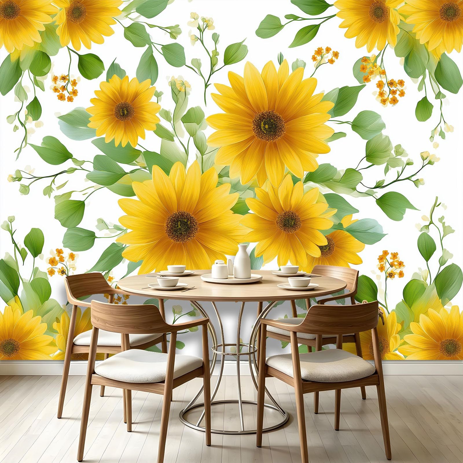 Carta da parati fotografica con foglie verdi girasole 300 x 210 cm (larghezza x altezza), stampa artistica di alta qualità, motivo floreale dipinto a mano, decorazione per la casa, per camera da letto