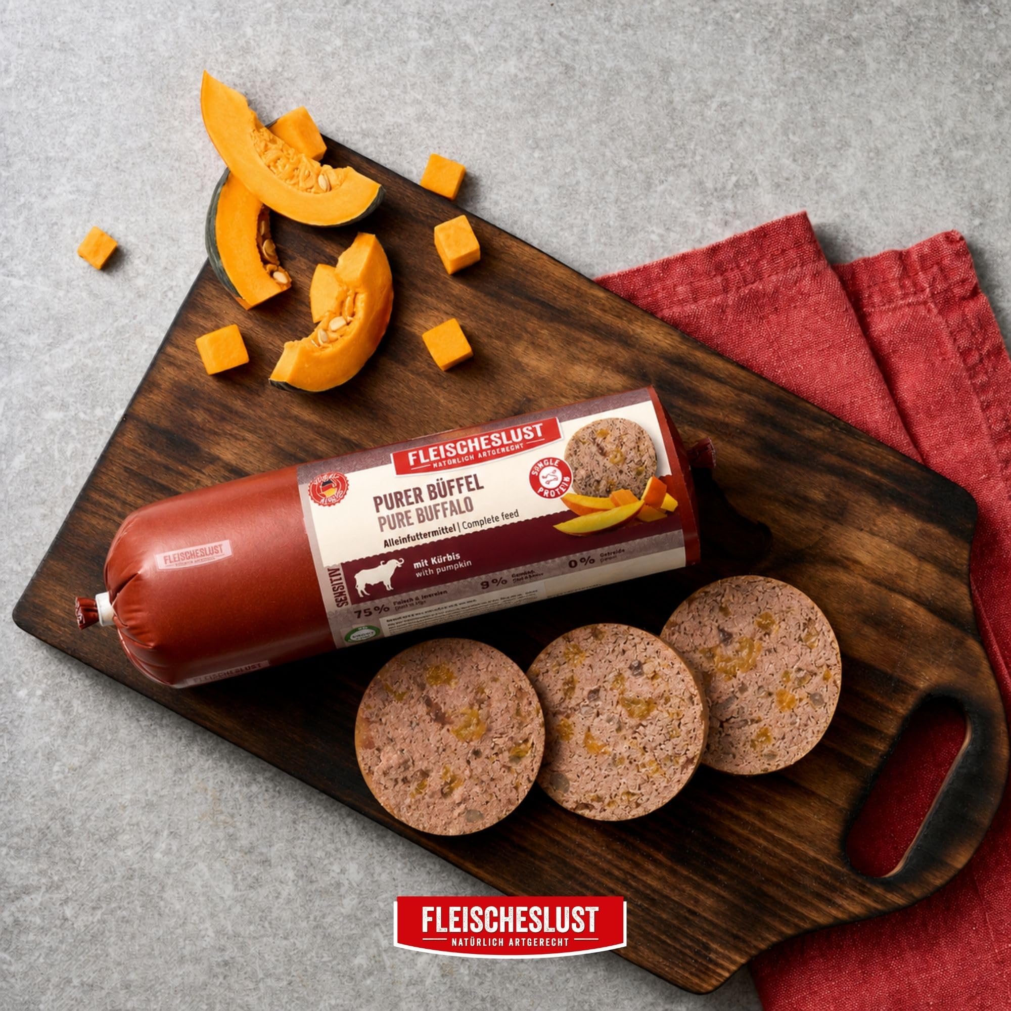 Fleischeslust Hundewurst, Purer Büffel mit Kürbis als Futterbox (6x800g), Sensitive Nassfutter-Wurst schnittfest & getreidefrei, Hundefutter für ausgewachsene Hunde