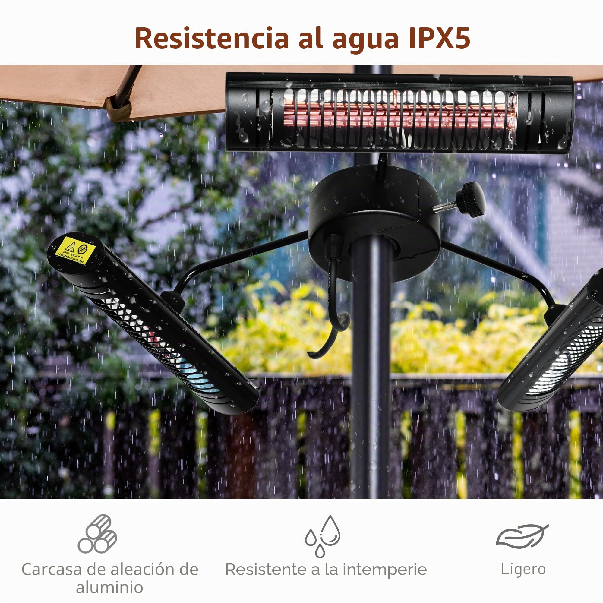 Outsunny Calefactor Eléctrico de Exterior 1000W/2000W/3000W IPX5 12 m² | Estufa de Infrarrojos, 3 Niveles de Calor, Control Remoto, Aleación de Aluminio, para Sombrilla Gazebo Jardín
