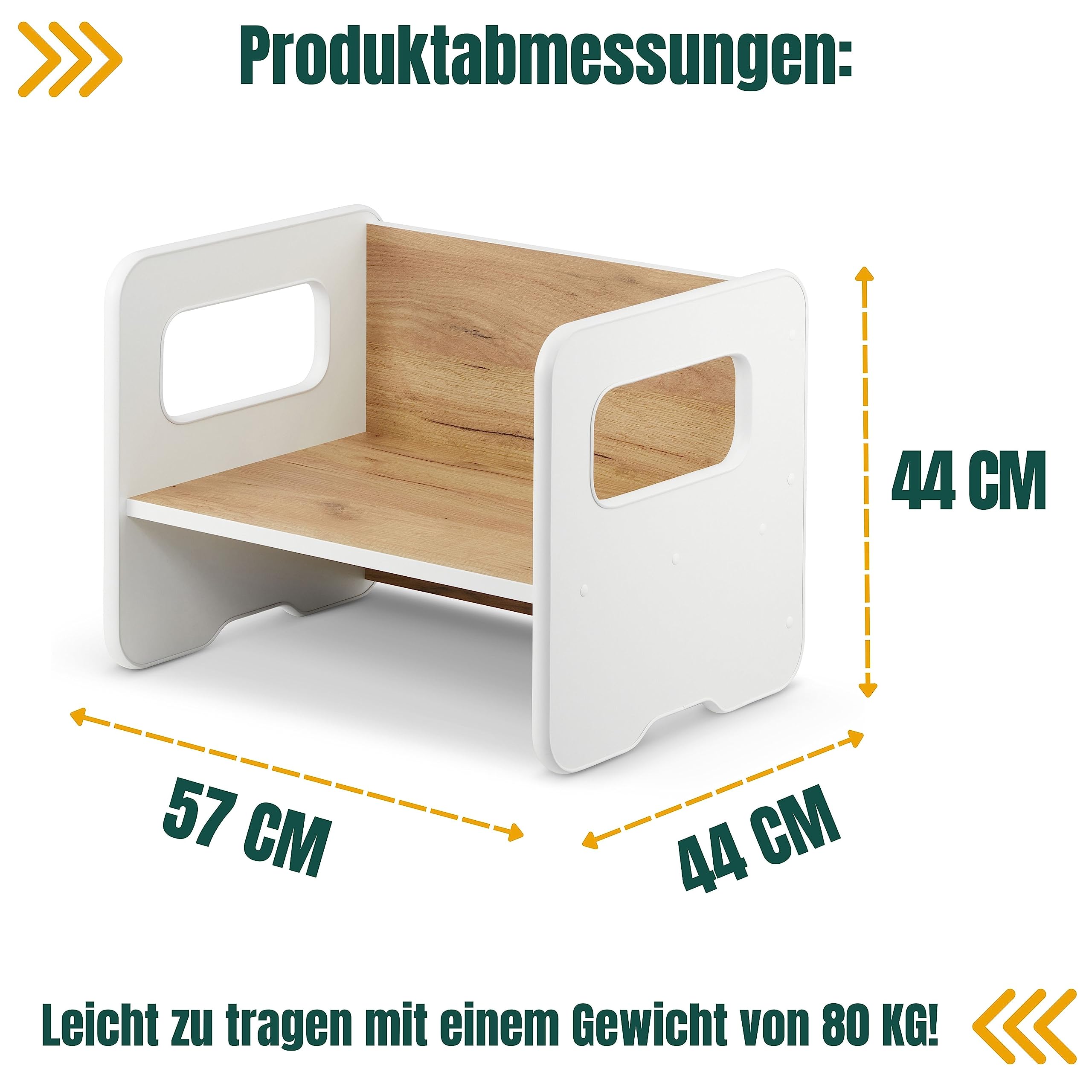 defiPad Panca per bambini multifunzione in legno con 2 altezze e funzione tavolino (Bianco + Rovere)