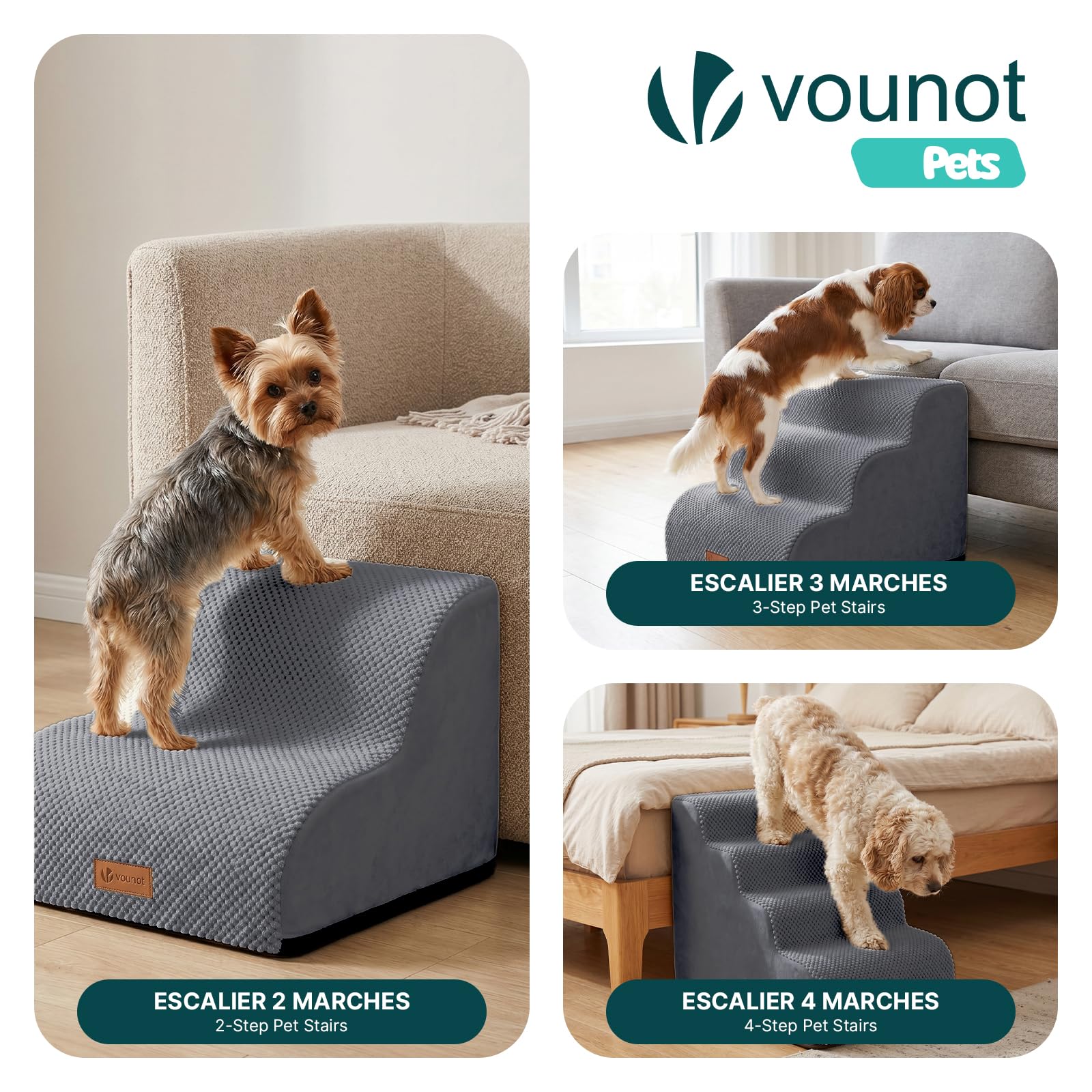 vounot® Escalier pour Chien et Chat à 4 Marches en Mousse Haute Densité Antidérapante Déhoussable Lavable Rampe pour Chien Accès Canapé Lit pour Animaux Âgés ou Blessés avec Poignée Gris
