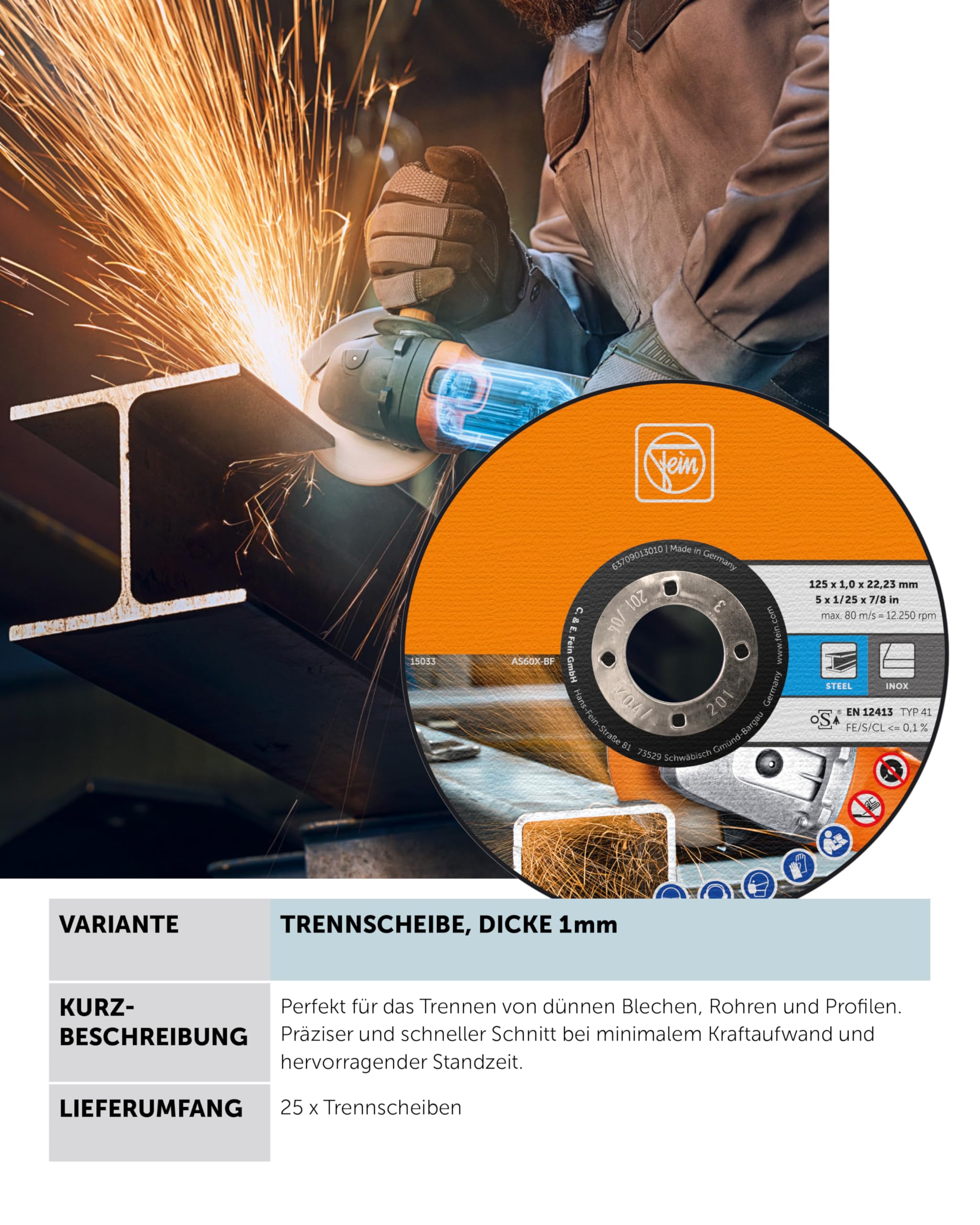 Fein Tarcza tnąca, 25 sztuk (125 mm, 1 mm, do blach, rur, profili) 63709013010