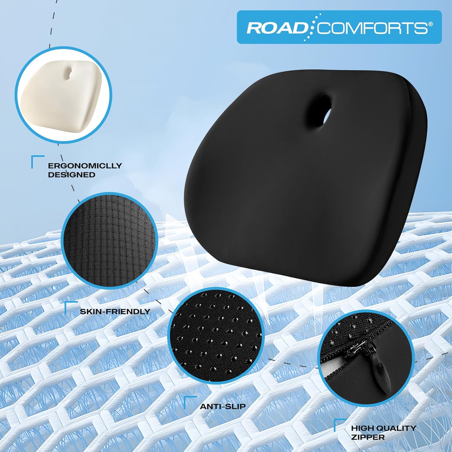 Road Comforts Premium Memory Foam Seat Cushion – Office Chair Cushion, Car Seat Cushion – Chair Cushions for Back & Sciatica Pain Relief – Seat Cushions for Office & Desk (Black)