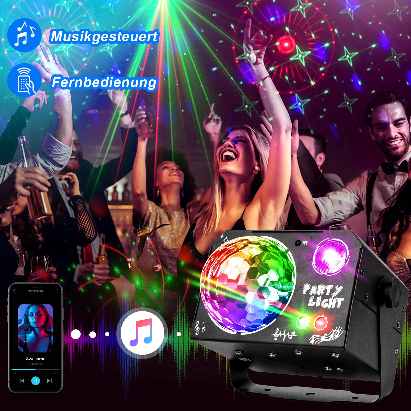Nigecue Luz de discoteca 4 en 1 con mando a distancia, luz de discoteca controlada por música con luces de bola RGB, luz negra UV, controlada por voz, lámpara LED DJ, bola de discoteca para Halloween