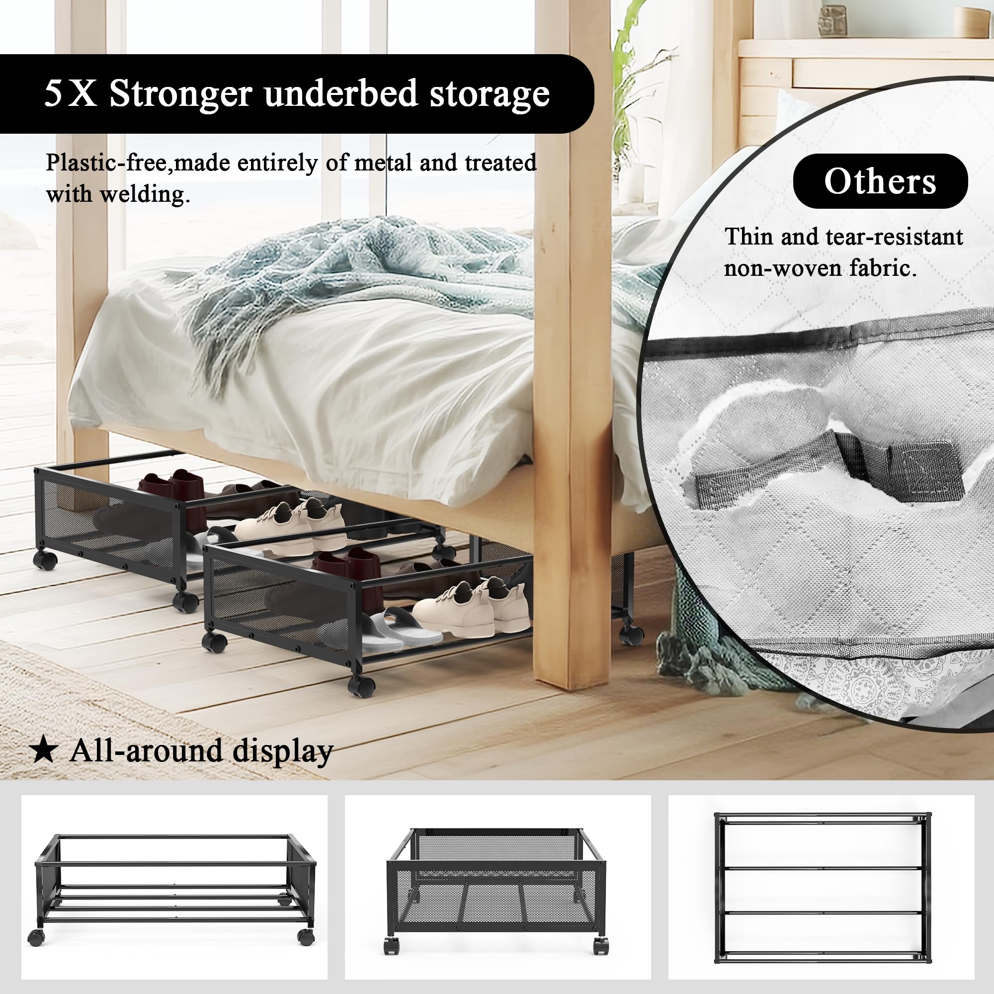 Tufson Under Bed Storage Container with Wheels, Metal Underbed Clothes Shoe Organizer Drawer with Nylon Lid, Closet Toy Organizers and Storage Bins Boxes Bag for Bedroom Stable Durable 2-Pack