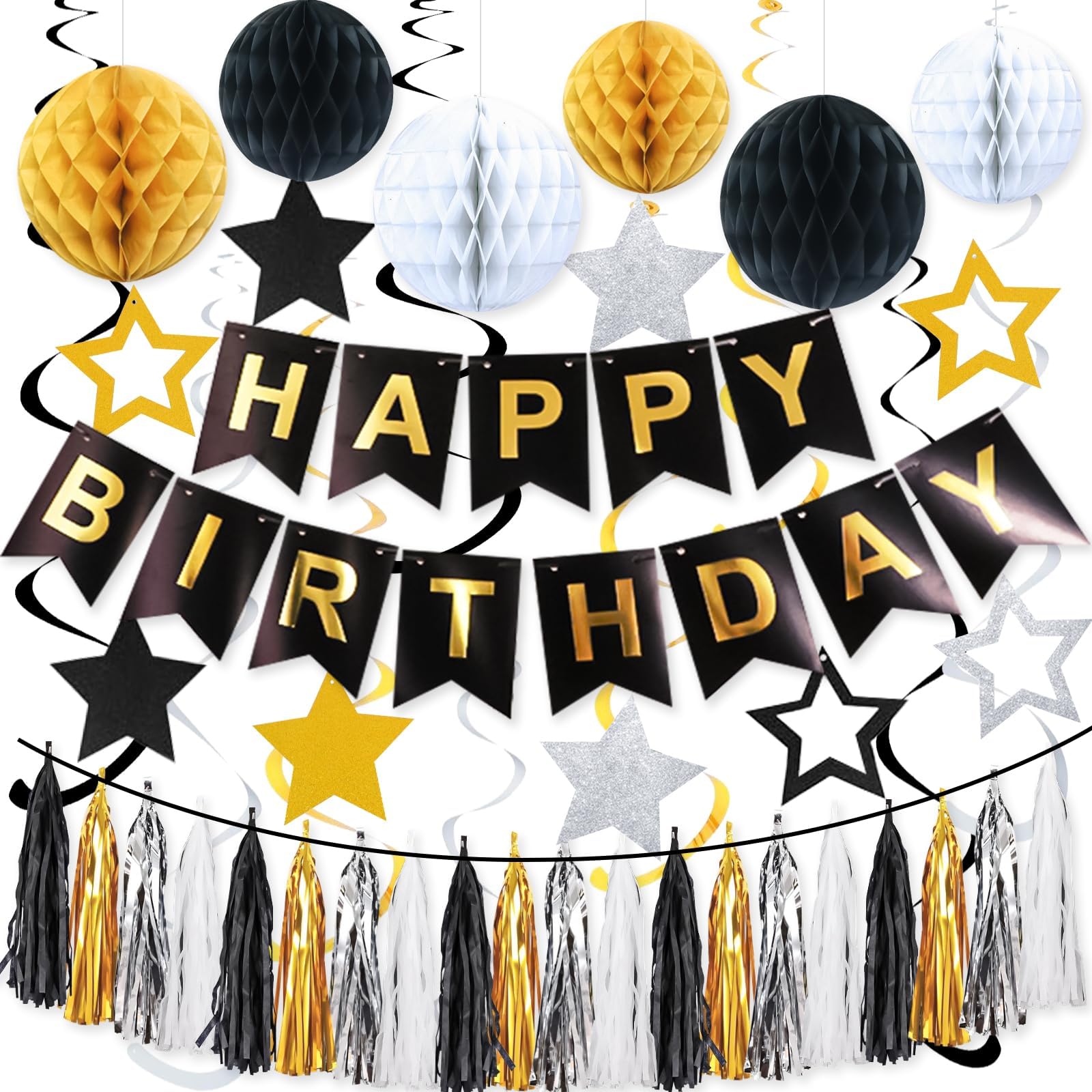Black Gold Birthday Decorations, Happy Birthday Decorations with Banner, Honeycomb Balls, Stars Hanging Swirls, Paper Tassel Garland