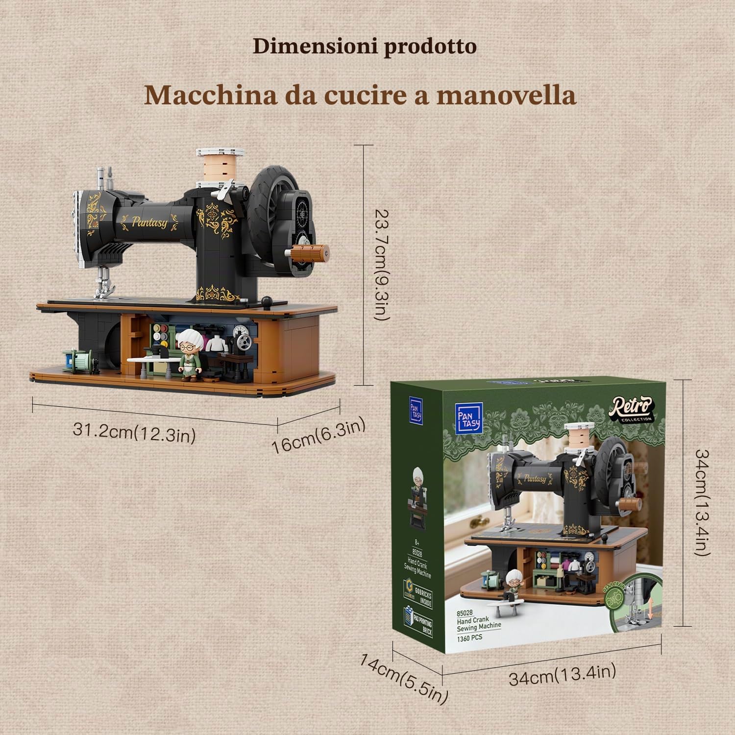 PANTASY Macchina da Cucire Vintage in Mattoncini, Modello Retrò a Manovella con Meccanismo a Ingranaggi Funzionante e Mini Sartoria Nascosta, Oggetto da Collezione per Adulti