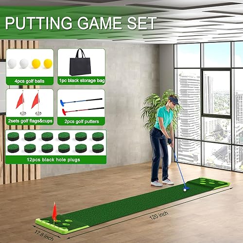 Vista 23 de Juego de putting de golf con borde frontal para interiores y exteriores, tapete verde para golf incluye 4 bolas, 1 bolsa portátil, 2 banderas