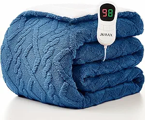 JKMAX Heated Electric Blanket Twin Size-62"x84" Heating Blanket with 10 Heating Levels & 5 Time Settings Over-Heat Protection,Winter Warmer for Adults with ETL Certification(Blue)