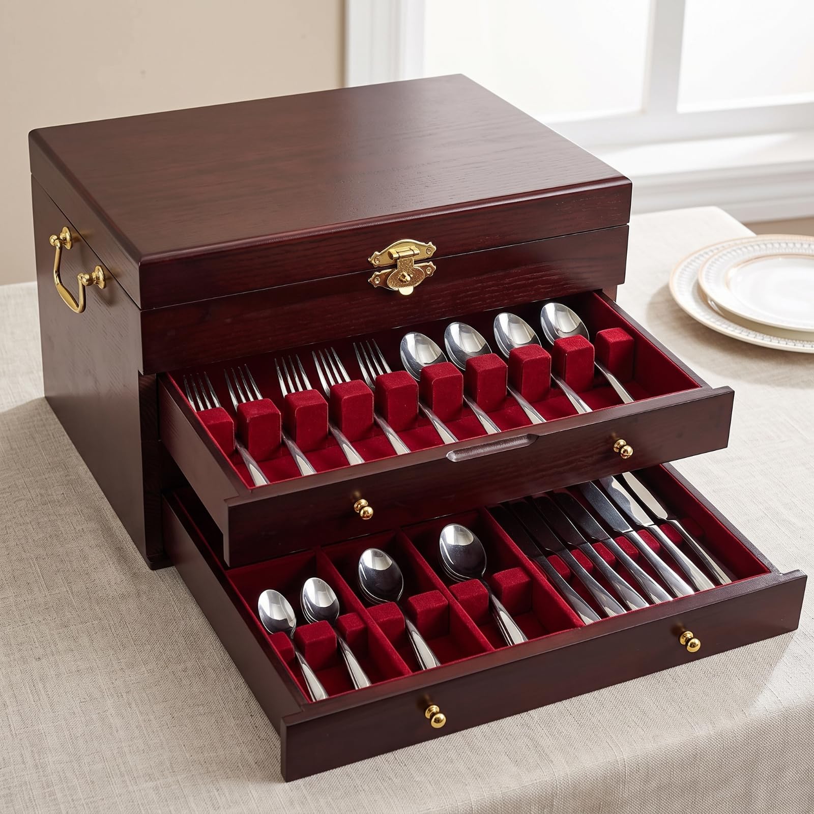 Scatola Portaposate con Interno in Velluto Lucido Scatola Portaposate Naturale Contenitore per Famiglie, Cucina, Tre Strati 39 29 17.5cm