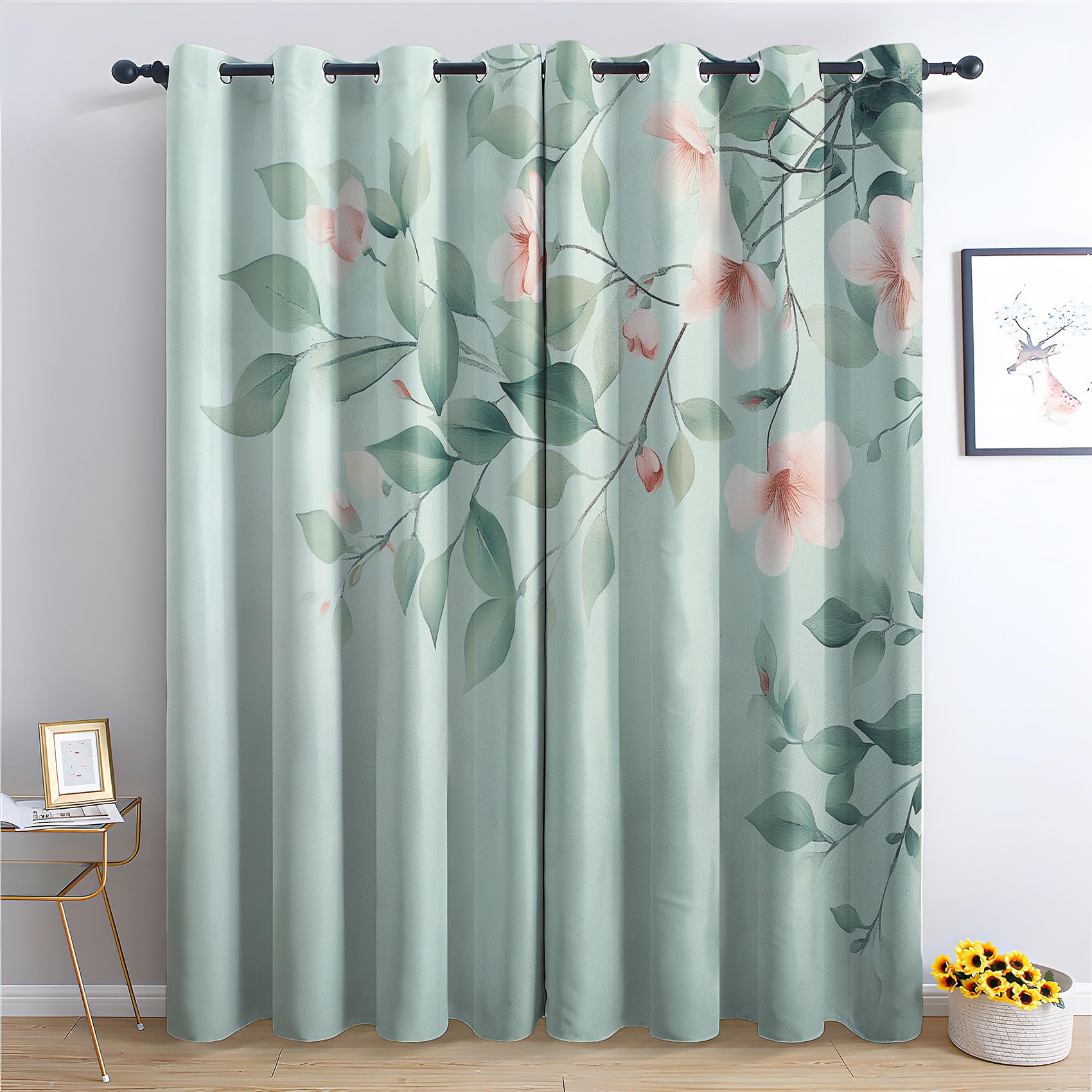 MOBEITI Sage Green Leaf Curtains for Bedroom, Pink Flower Curtains for Living Room, Floral Leaves Window Curtains, Blackout Curtains 63 Inches Long,