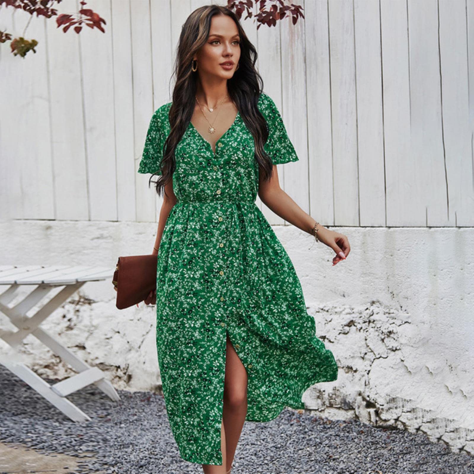 Vintage Maxi Floral Print Summer Dress Women Slim Casual High Waist Button  Bohemian Women Beach Dress-Green,S : Amazon.co.uk: Fashion