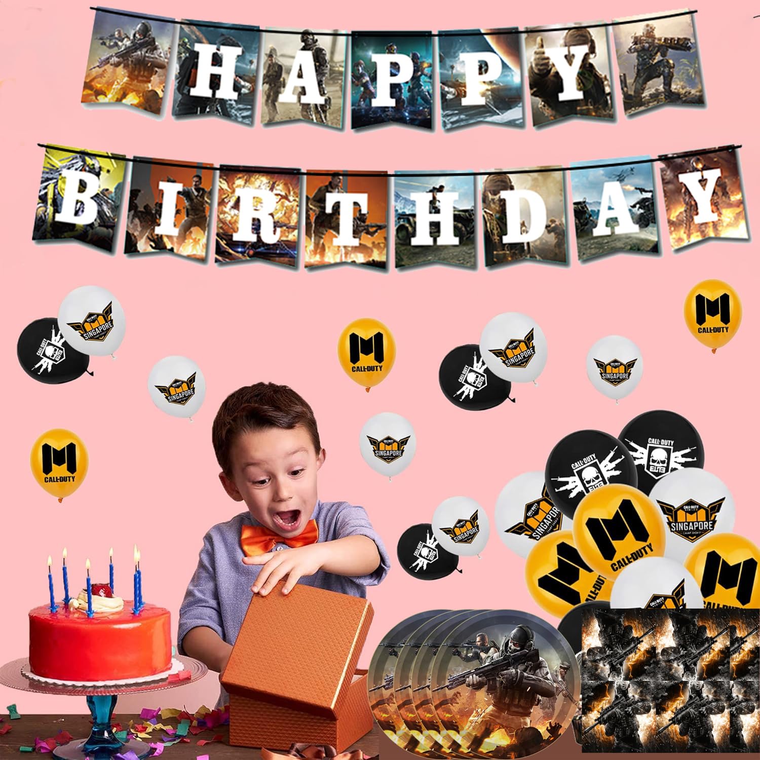 Suministros de cumpleaños para fiestas de llamadas de juegos, vajilla de fiesta temática con pancarta de feliz cumpleaños, mantel, platos de papel desechables de 7 pulgadas con servilletas para