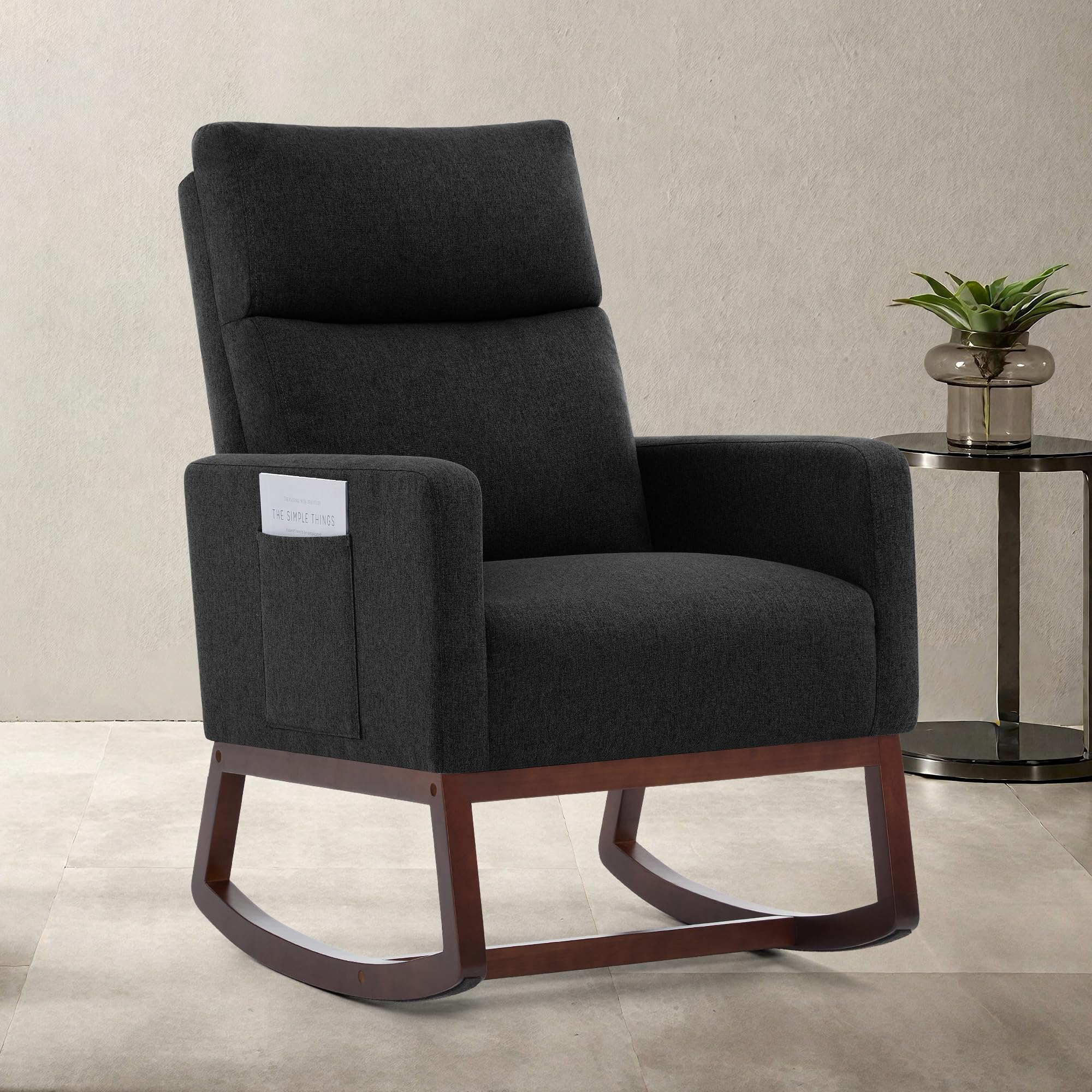 Aunekiv Nursing Rocking Chair, High Back faux Linen Nursery Rocking Chair for Adults, Nursery Armchair with Side Pockets and Wood Base for Living Room Bedroom, Black — image 1