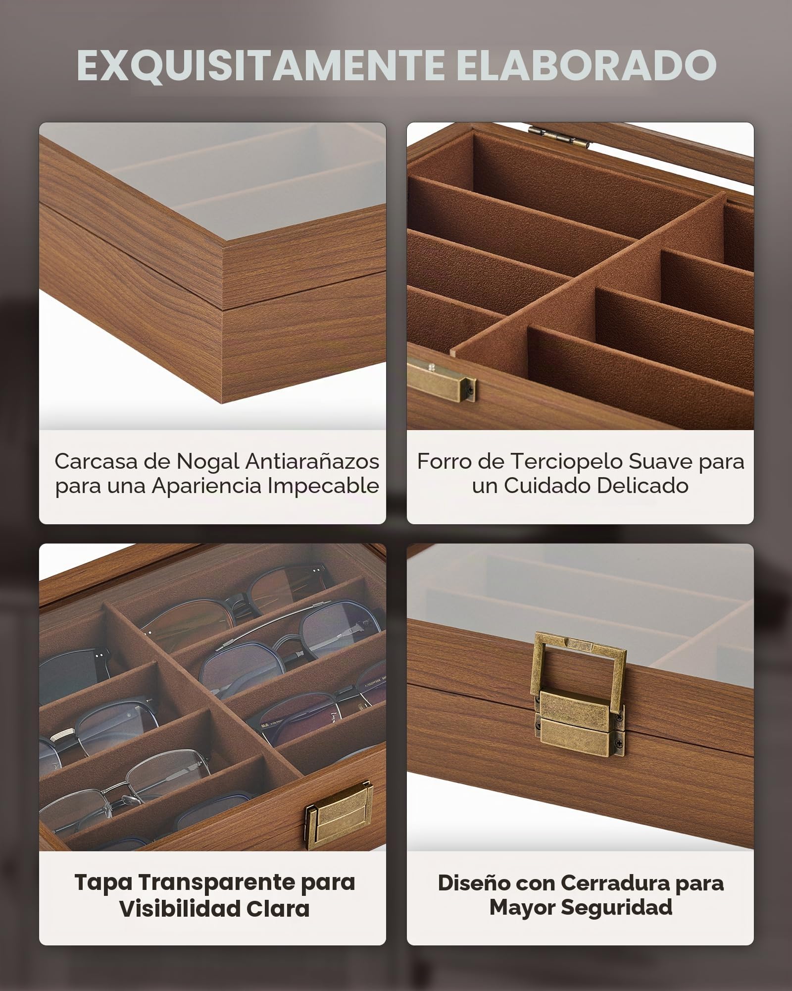 Organizador de gafas de sol de madera de nogal con 8 ranuras, almacenamiento multiusos para gafas, relojes, joyas, expositores para mujeres y hombres