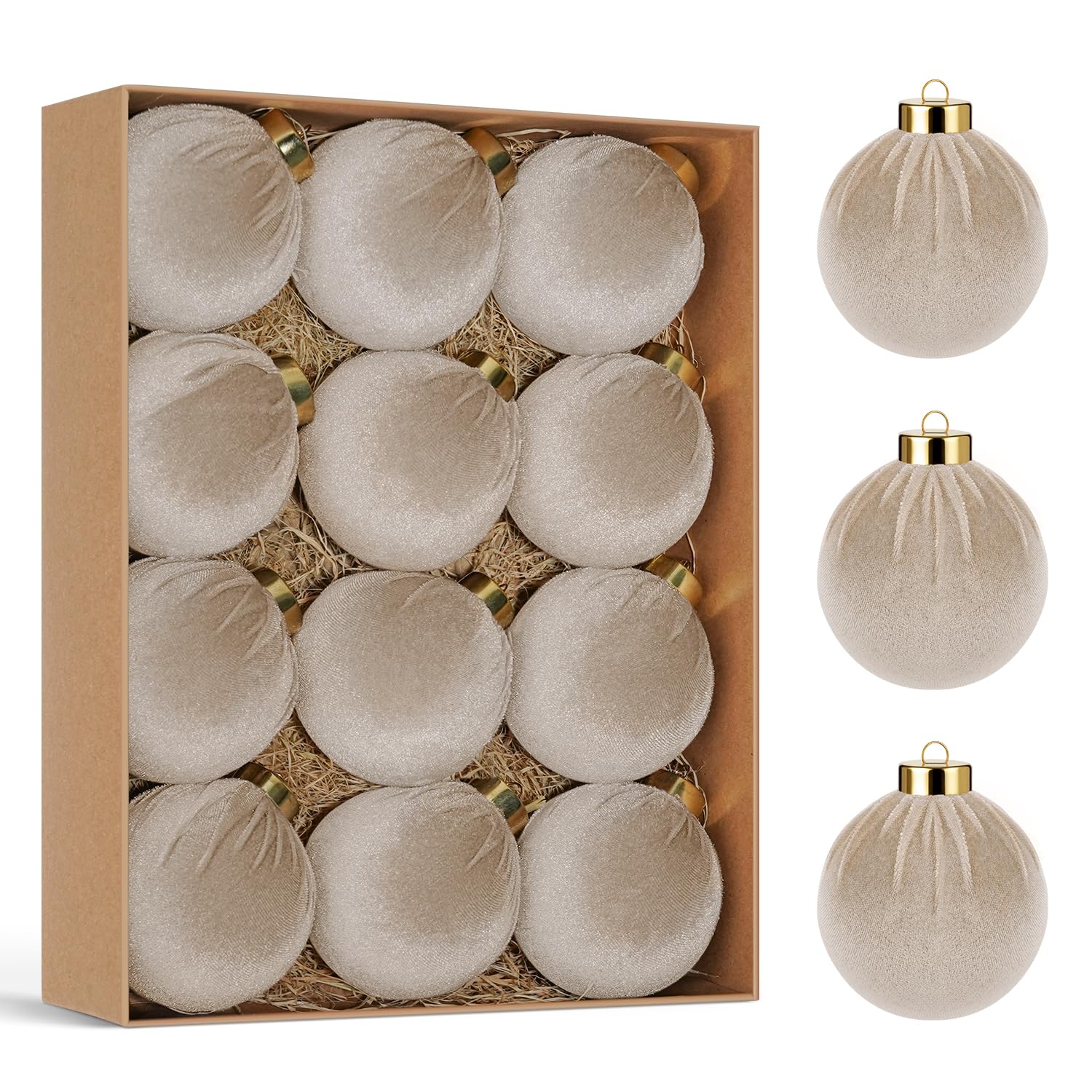 Boules de Noël plastique incassable velours beige Miaikoe 8CM