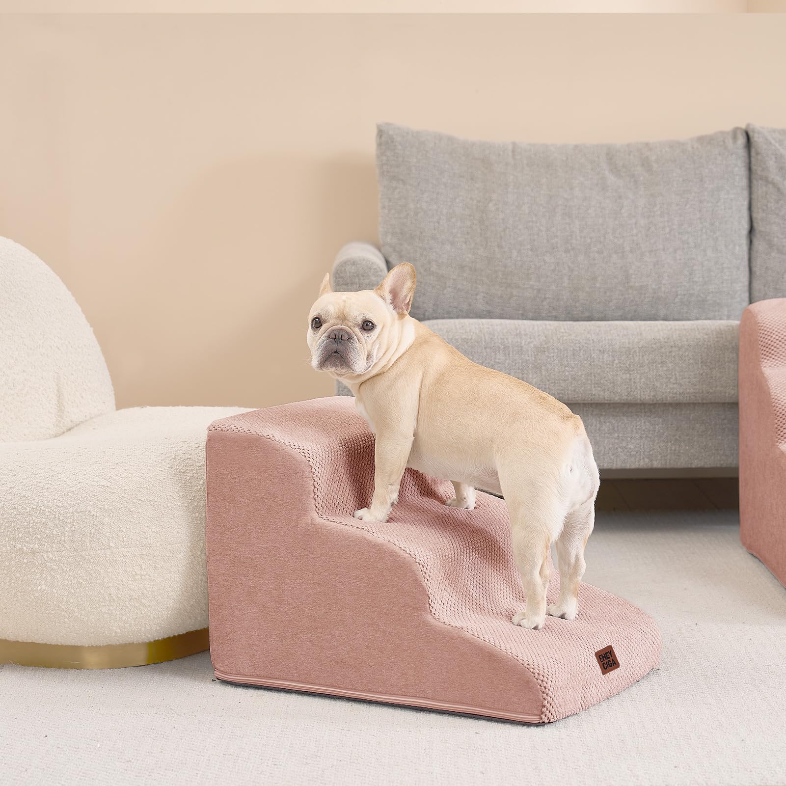 EHEYCIGA Scaletta per Cani 3 Gradini Altezza 40 cm, Scala Cane Piccoli e Gatti in Spugna per Salire su Letto e Divano, Antiscivolo Rampa per Cani con Rivestimento Rimovibile e Lavabile, Grigo Rosa