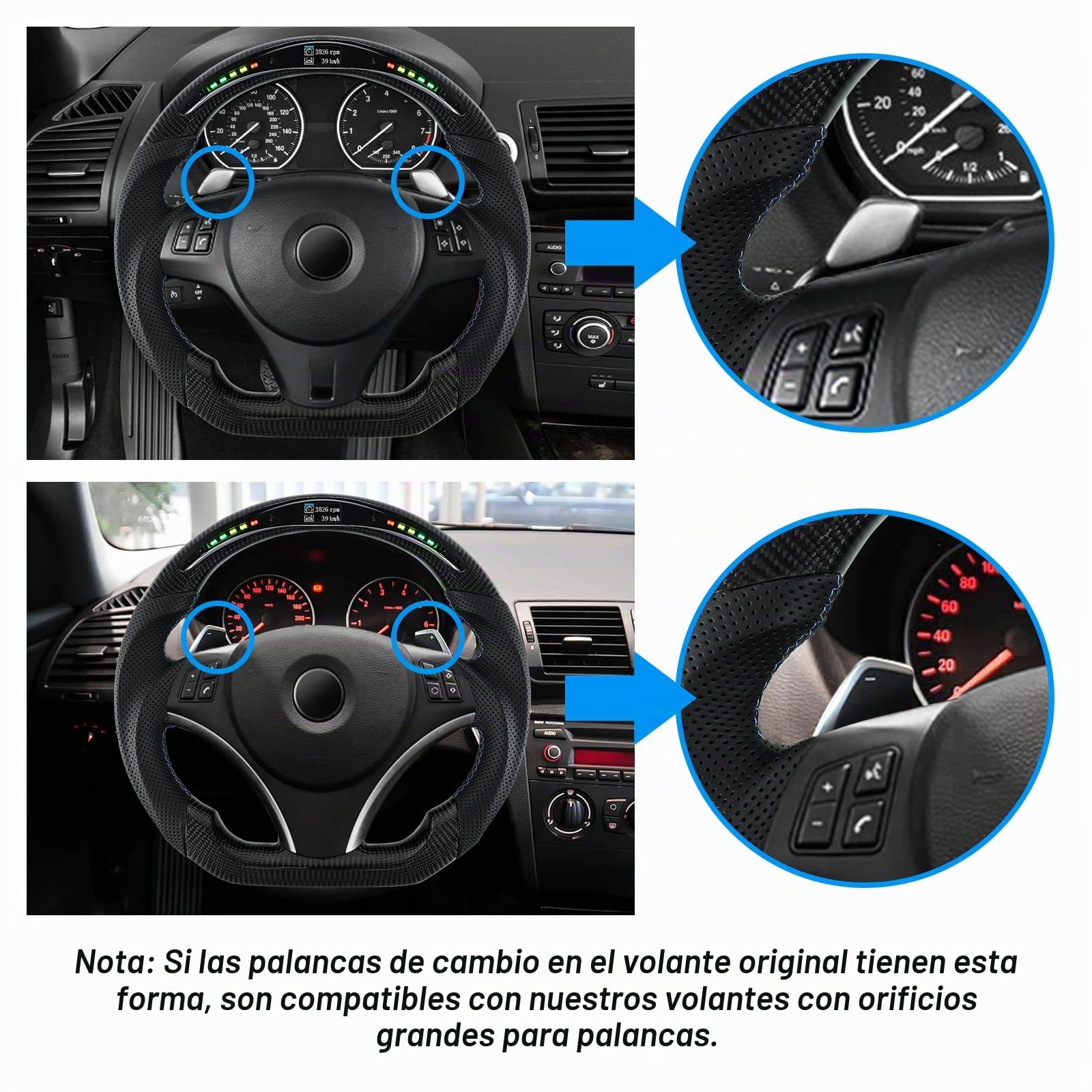 Volante de fibra de carbono, volante de piel en forma de D, base plana, indicador LED de conmutación para BMW M Sport 1/3 Series M3/E88 E90 E91 E92 E93 2005-2012
