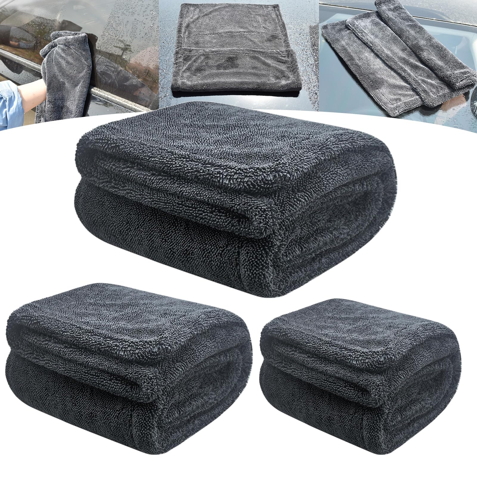 Twistedloop Trockentuch, Trockentücher, Auto-Details, doppelseitige Mikrofaser-Handtücher, extra groß, schwarze Linie, Autopflege, ohne Streifen, Kratzer oder Wasserflecken, Grau, 1200 g/m² (3