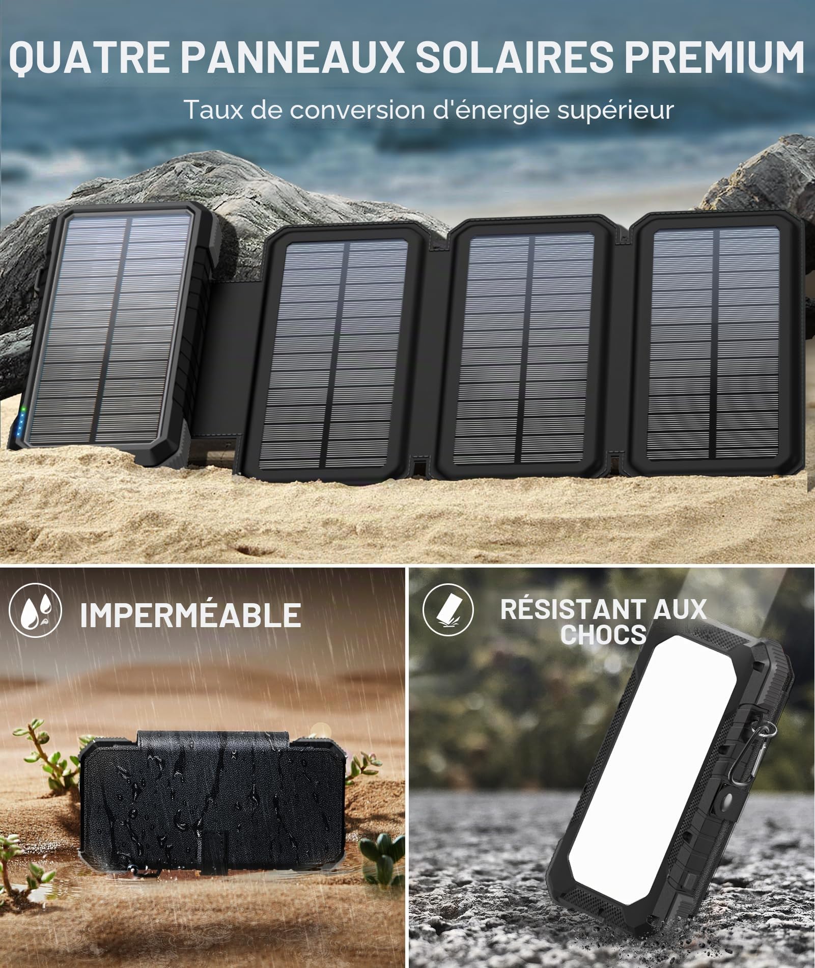 BLAVOR Chargeur Solaire Portable 20000 mAh avec 4 Panneaux solaires, Batterie Externe étanche avec 4 Ports USB 18 W, Chargeur Rapide QC 3.0 USB C Power Bank pour téléphone Portable, Tablette