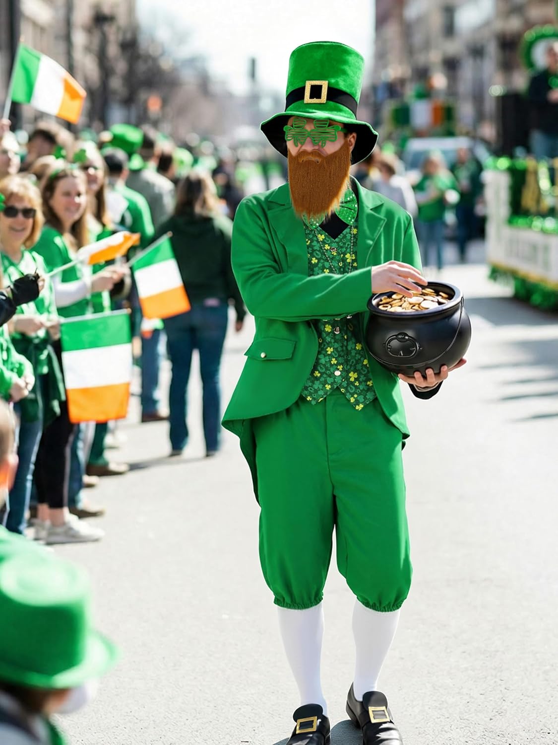 SOMSOC 10 Pieces Men's St Patrick's Day Costume with Shamrock Accessories Clover Glasses Top Hat for Adult Irish Party - Image 6