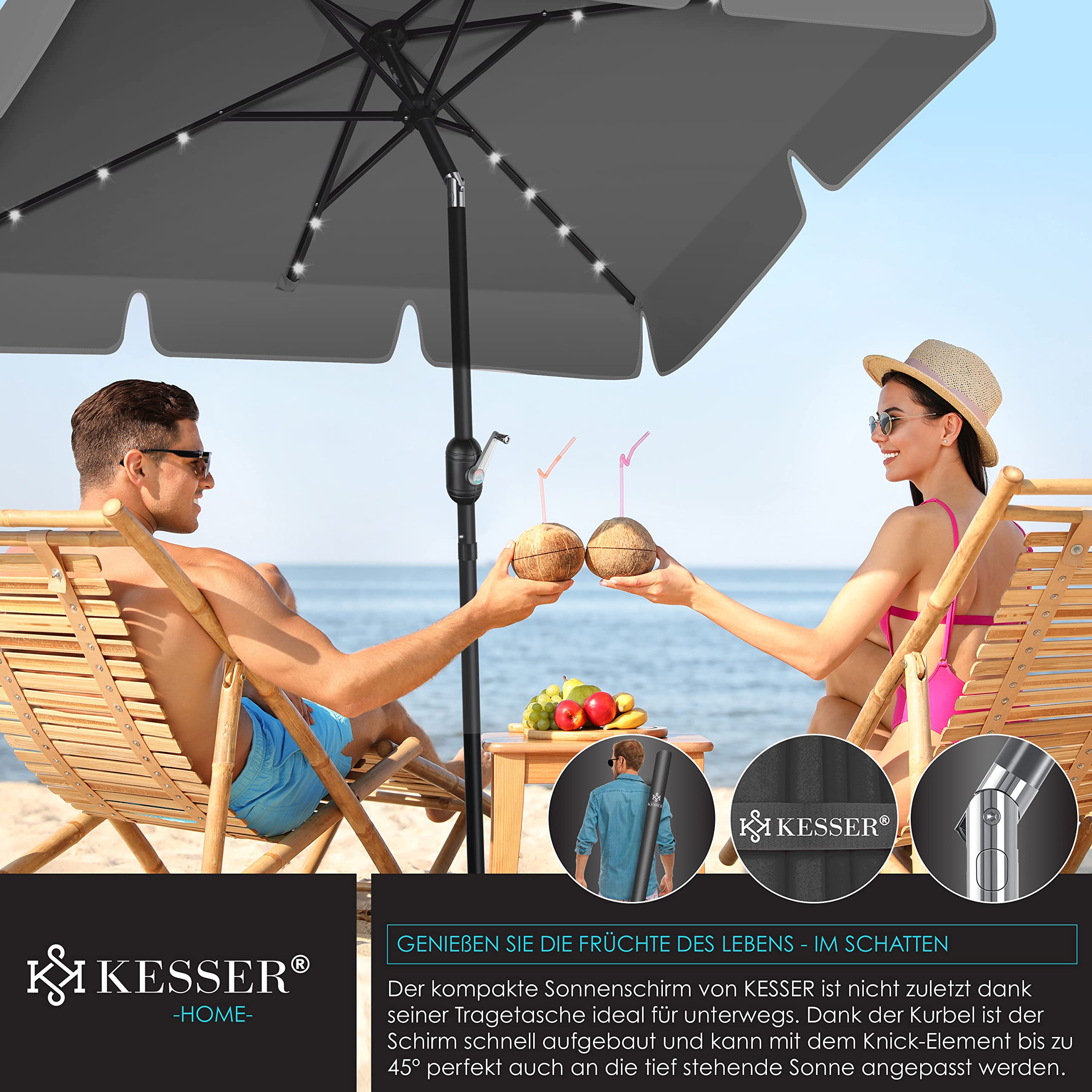 KESSER® Sombrilla Parasol Rectangular LED Solar con Manivela Incluye Funda 2 en 1 Bolsa de Transporte | Sombrilla para Balcón Jardín y Terraza Ajustable y Inclinable