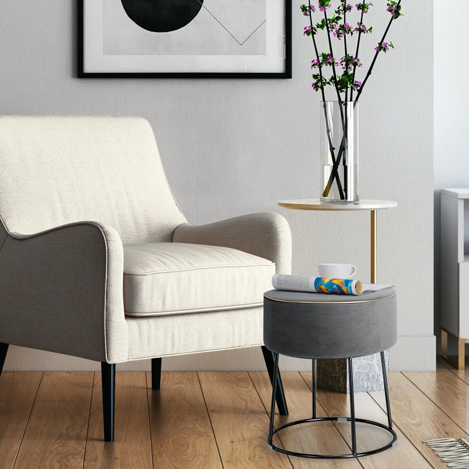 HOMASIS Kleiner Hocker für Schminktisch, runder Sitzhocker aus Samt, Fußhocker mit Metallbeinen, eleganter Polsterhocker, Schminkhocker Fußstütze für Wohnzimmer Schlafzimmer (Grau)