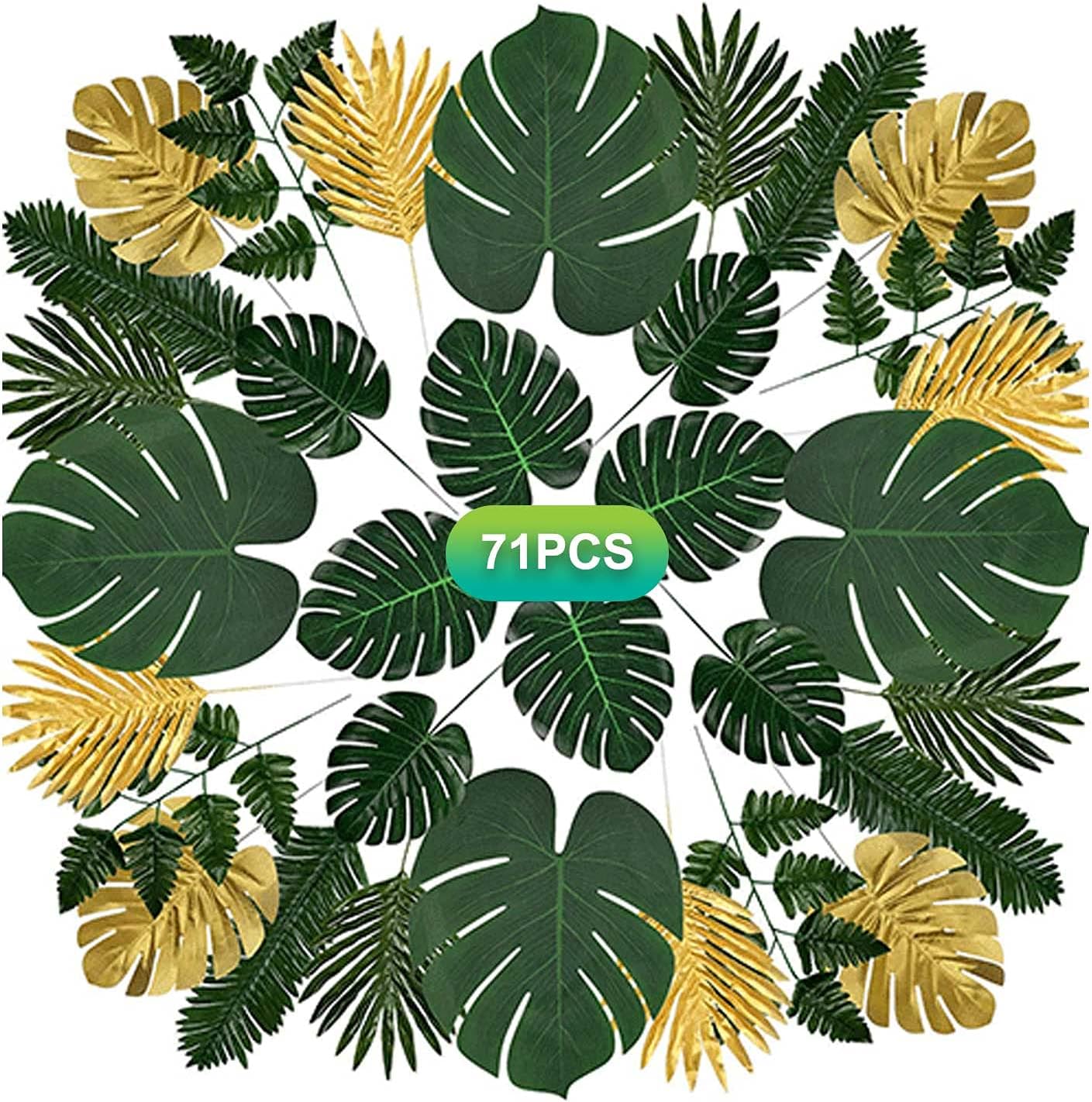 Luxiya Fake Leaves Palm Leaves Artificial Tropical Leaveswith Stems Golden Green Jungle Plant Leaf Safari Decoration Fake Leaves for Hawaiian Luau Party Birthday and Wedding, 71 PCS