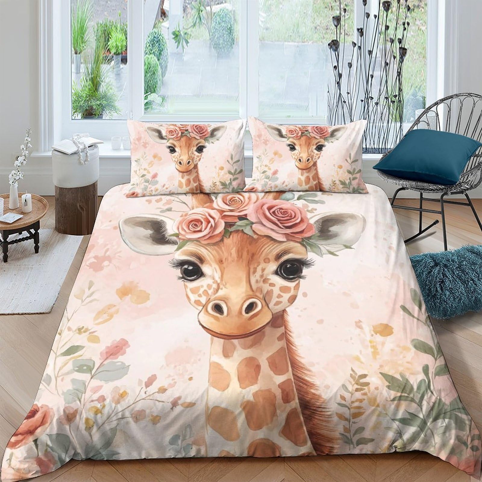 Ctjqhvkz Style-1 3D Printed Giraffe Floral Fitted Sheet Microfiber Soft Peach Pink Animal Mattress Cover For Bedroom Dorm Easy Care Decor Single（135X200cm）
