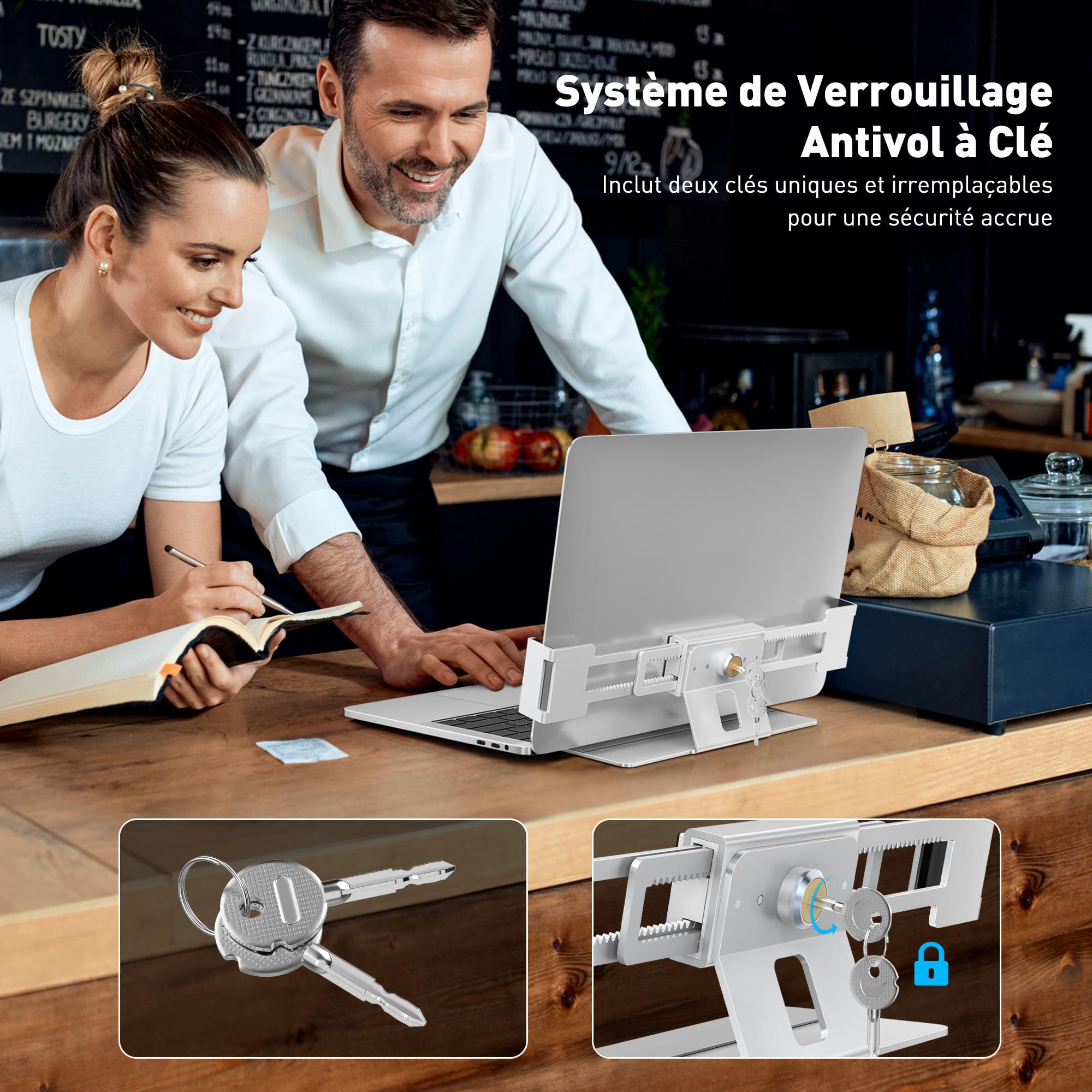 AboveTEK Station de Verrouillage pour Ordinateur Portable, Verrou Sécurité Aluminium MacBook, Anti-Vol pour Ordinateurs sans Fente 11"-17", Base Anti-Dérapante Espaces Publics-Argent