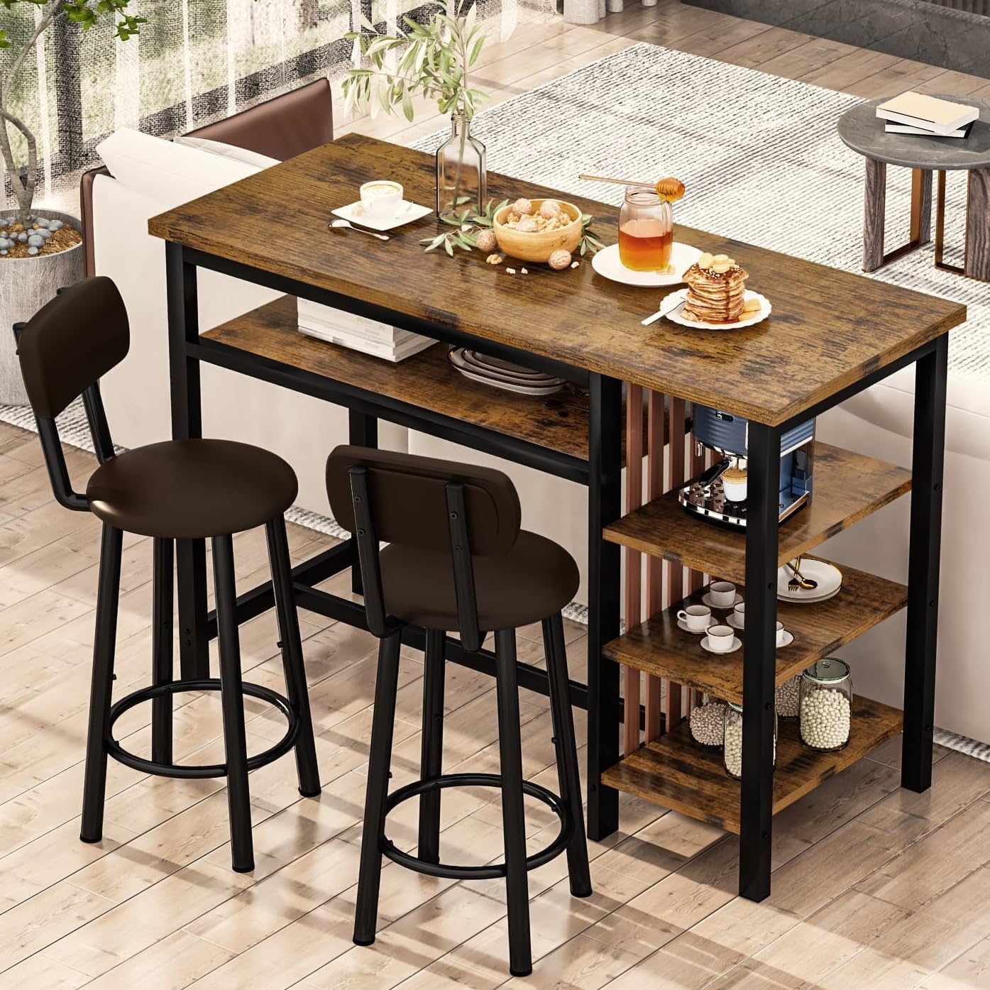 Recaceik 47" Bar Dining Table Set for 2, 3 Piece Bar Table and Chairs Set, Kitchen Counter Height Dining Table Set, Small Kitchen Bar Table with Storage & 2 Stools, Breakfast Nook Set for Small Space