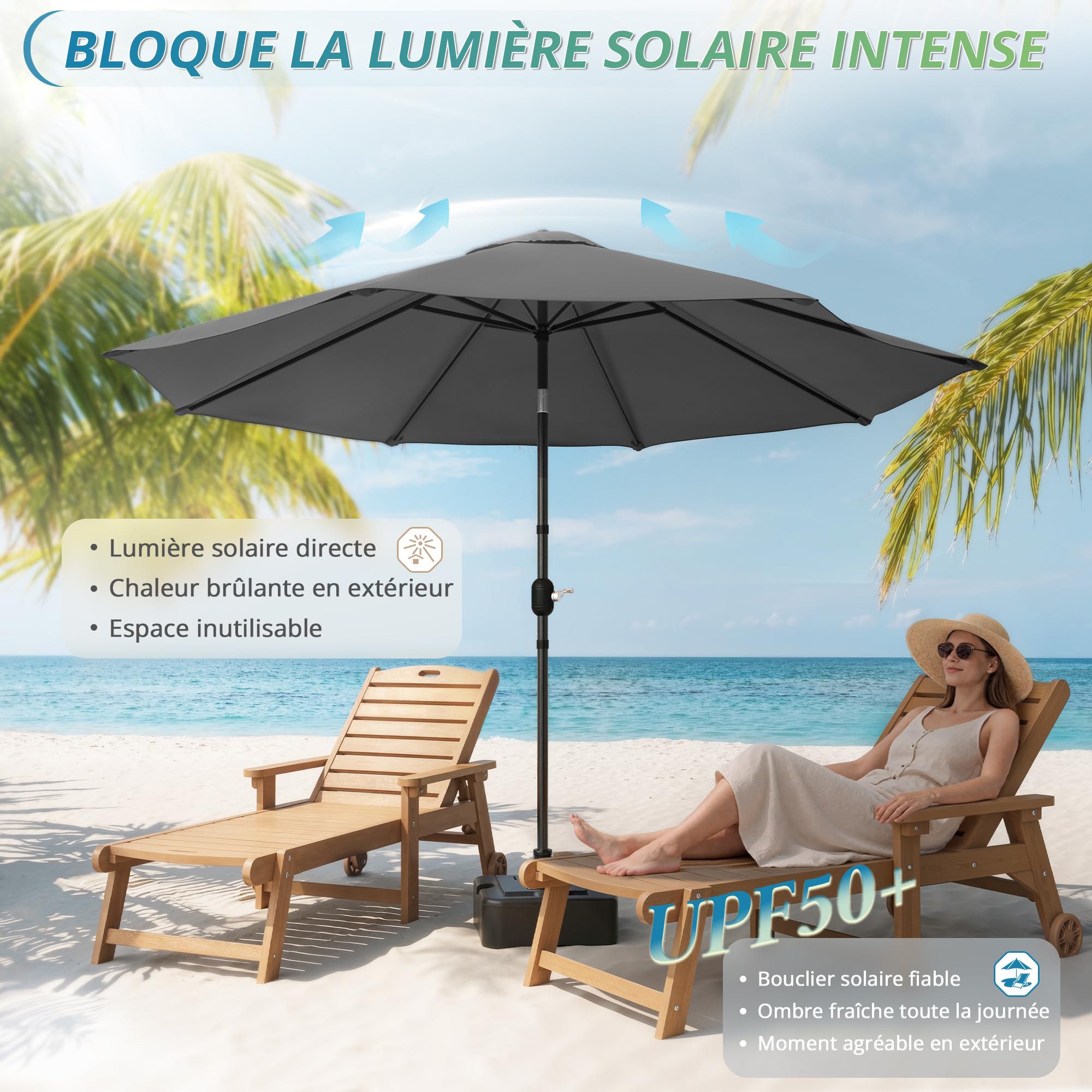 LUE BONA Parasol de Jardin 300cm-Parasol Inclinable avec 8 Baleines Cadre en Métal Protection Solaire,Protection UV 50+ pour Jardin Terrasse Patio Piscine Plage Balcon