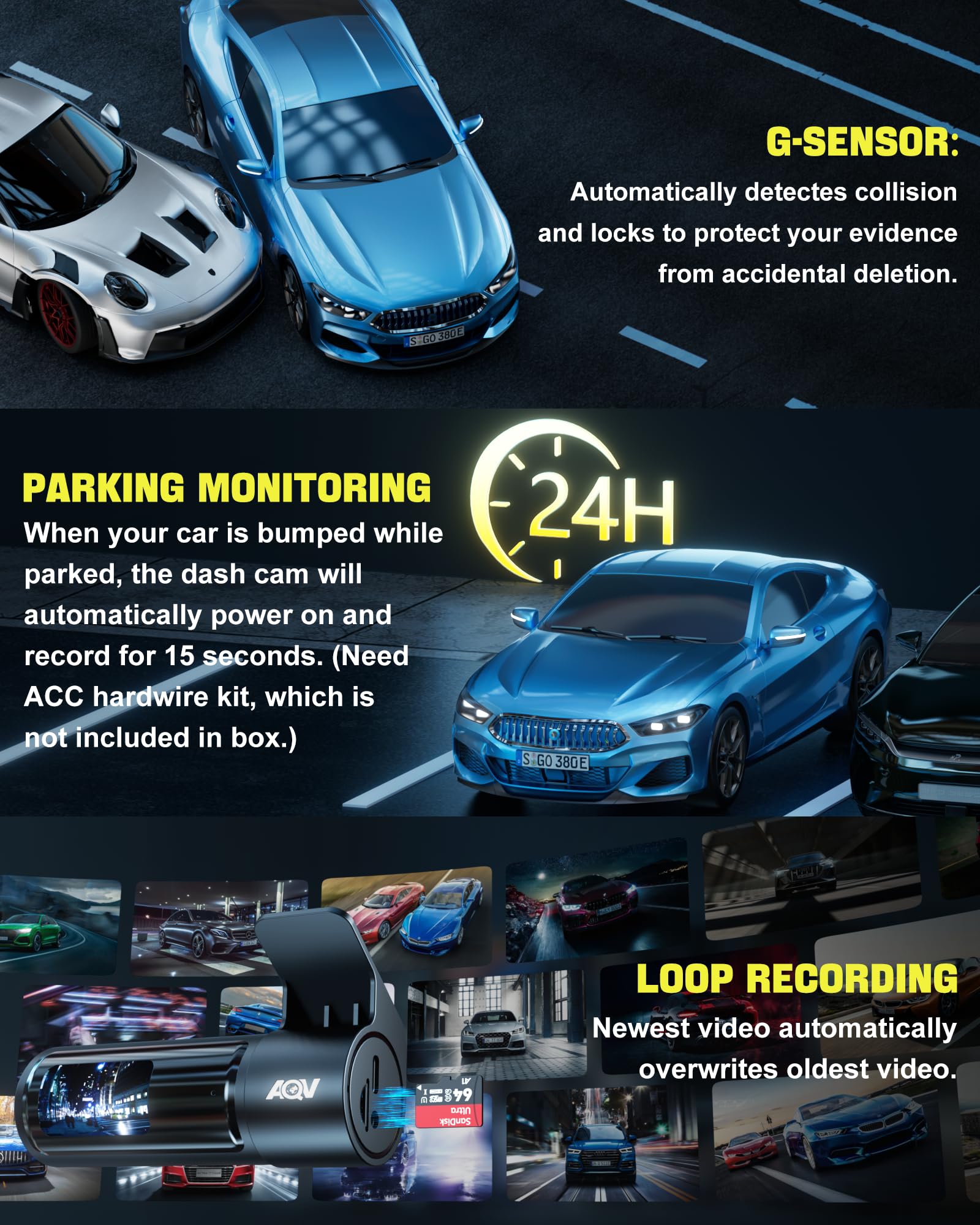 AQV Dashcam auto met 5G Wi-Fi, 4K/2K 1080p 1080p dashcam voor achter en binnen, 3 lenzen autocamera, infrarood nachtzicht, 64 GB SD-kaart, 3,16 oll, G-sensor, loopopname, parkeerbewaking