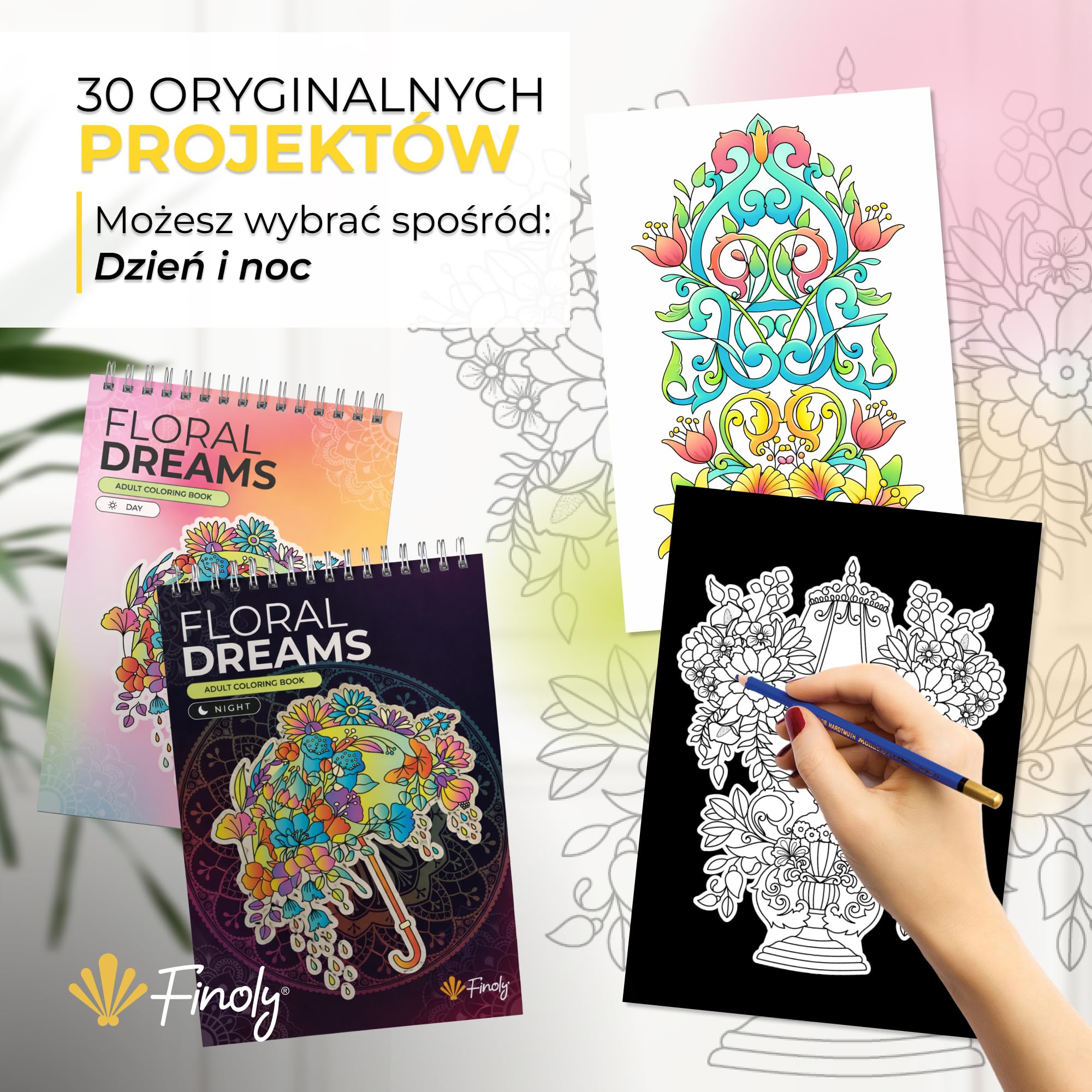 Finoly Kolorowanka dla Dorosłych Kwiaty A4 Redukcja Stresu | Kolorowanki dla Dorosłych Początkujących i Zaawansowanych | Zeszyt do Kolorowania Mindfulness Antystresowy, Gruby Papier (Noc)