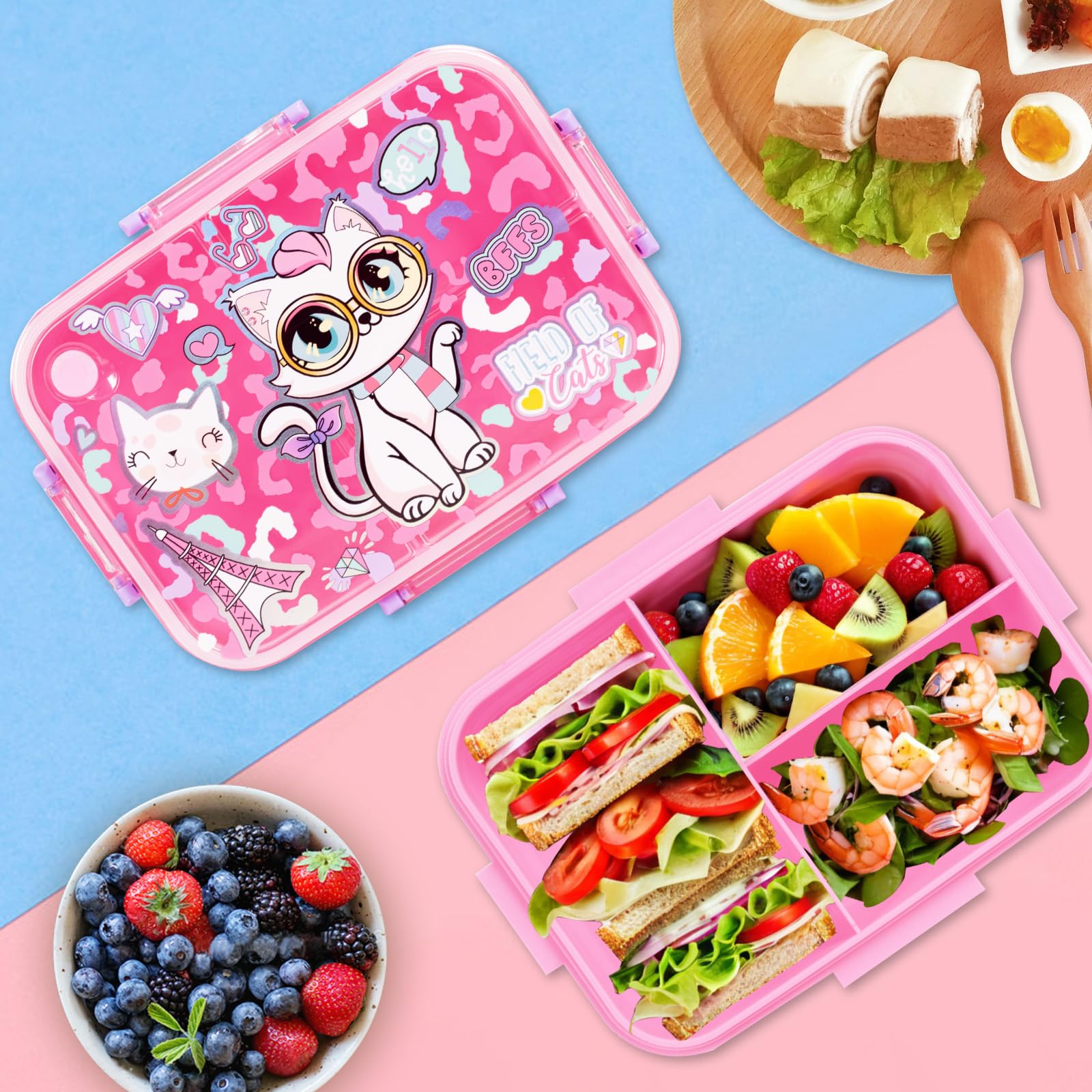 Produktbild von PinkSheep Bento Lunch Boxen Für Kinder, 1200ml BPA-freie Leckagesichere Kinder Lebensmittelbehälter Mit 3 Fächern, Zurück Zu Schulschülern Daycare Lunches/Snack Container