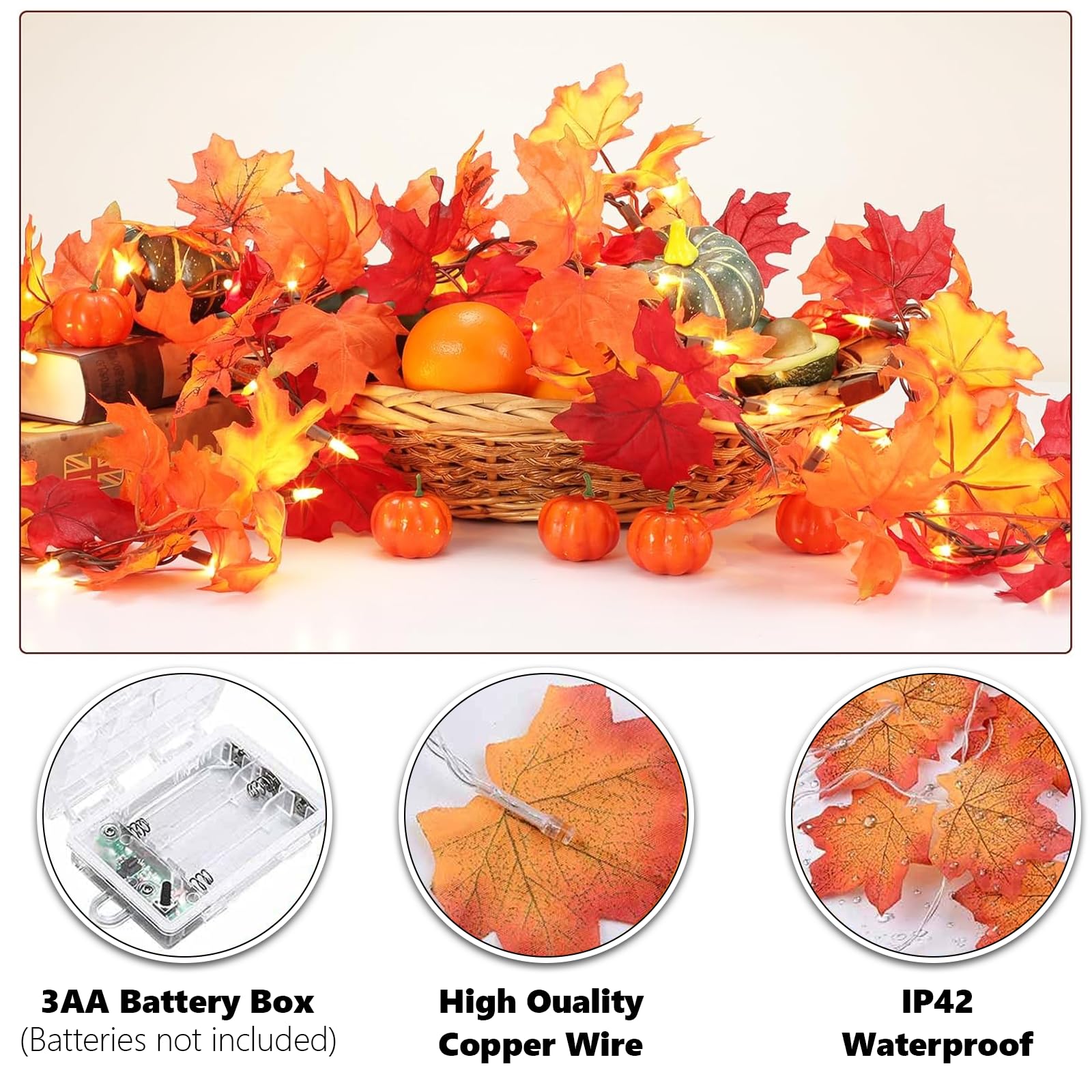 SOPSTUO Autumn Decoration Lights, Fall Garland with Pumpkin Maple String Lights - Image 3