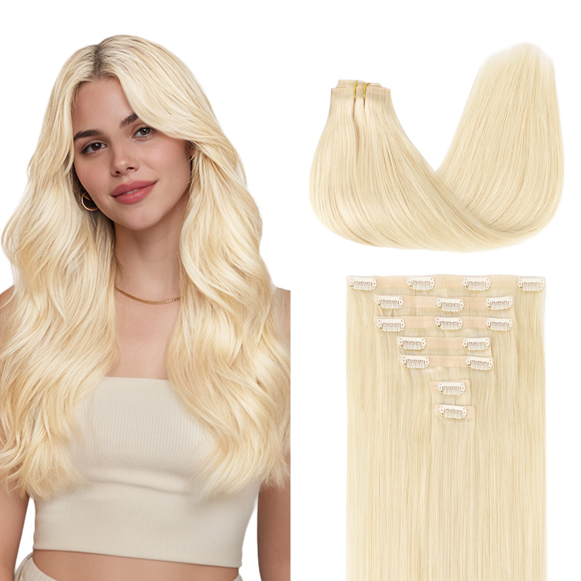 GOO GOO Clip in Hair Extensions Real Human Hair, Remy Human Hair Extensions Clip ins for Women, Natural Human Hair, 16inch 110g 7Pcs, 613R Bleach Blonde